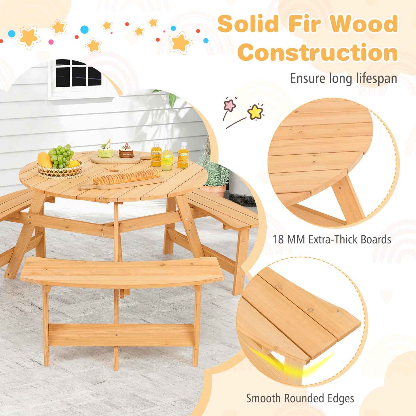 Wooden Kids Picnic Table and Bench Set with Umbrella Hole