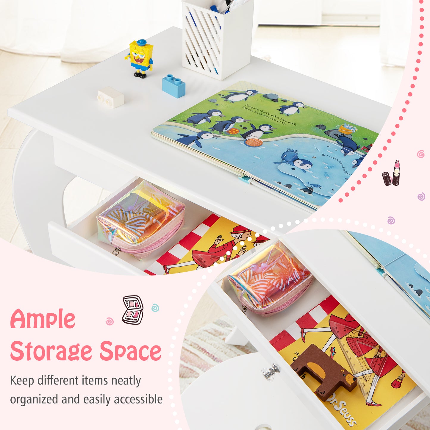 Kids Vanity Table Set with Mirror and Stool