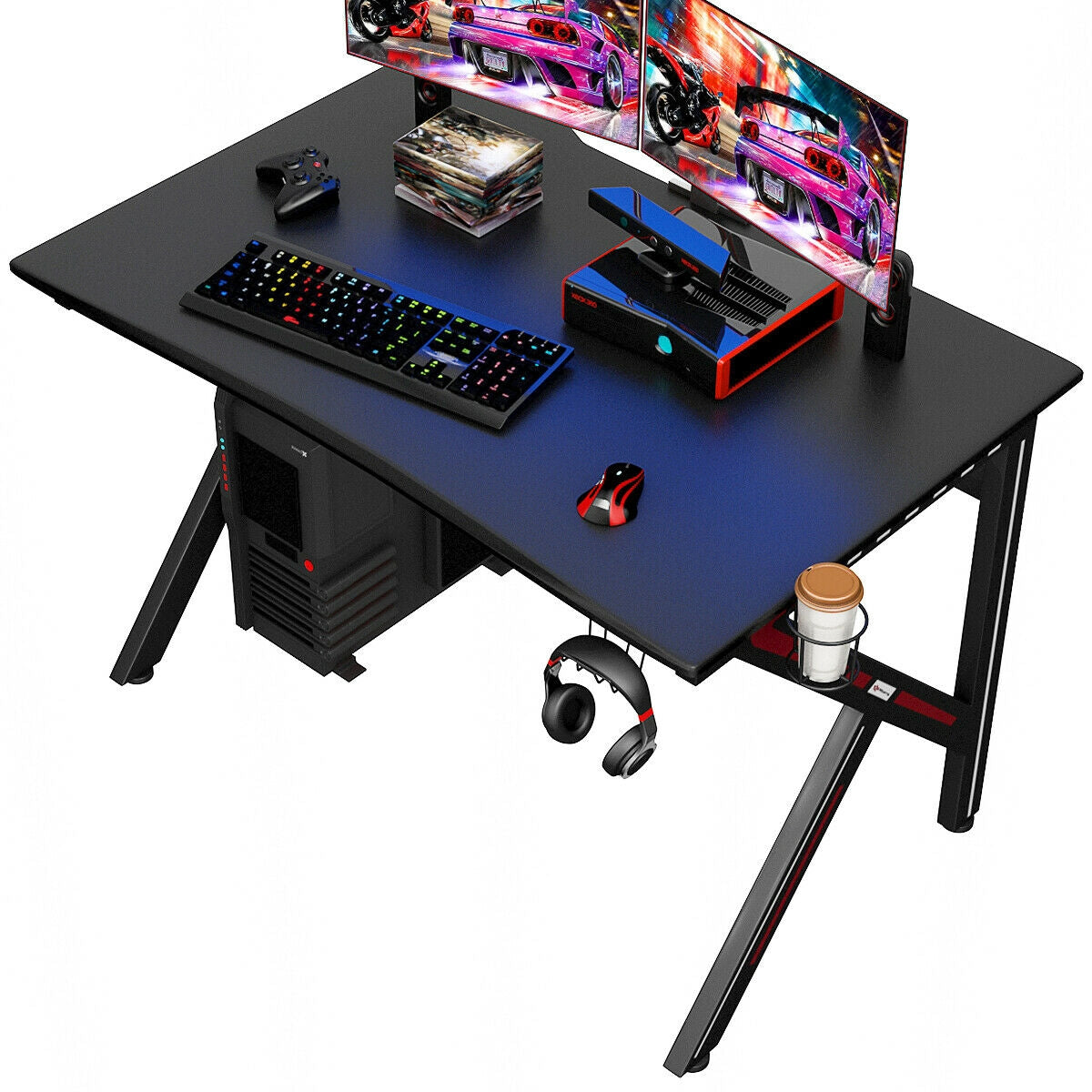 K-Shaped Gaming Desk with Cup Holder Headphone
