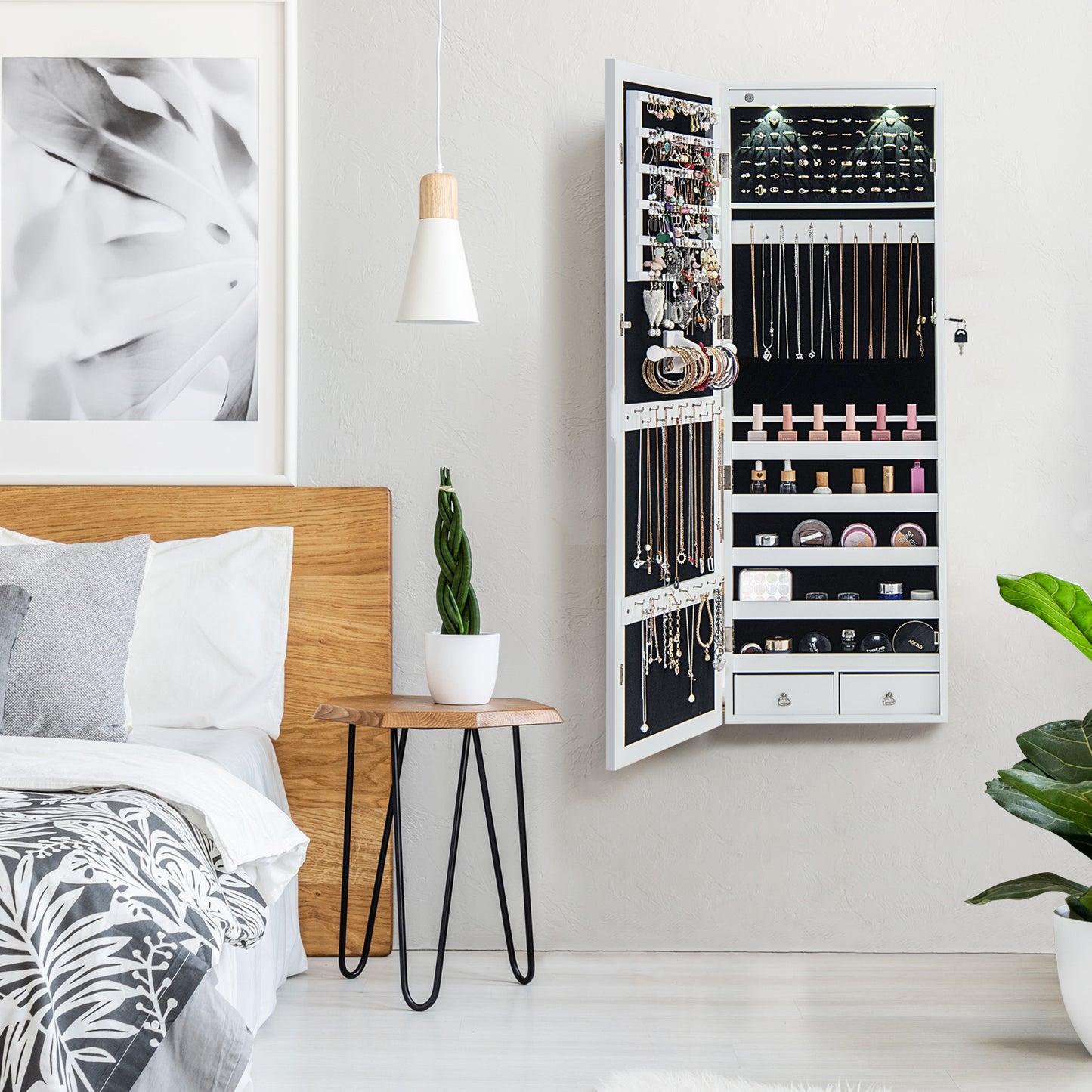 Wall Mount Mirrored Jewelry Cabinet with LED Lights
