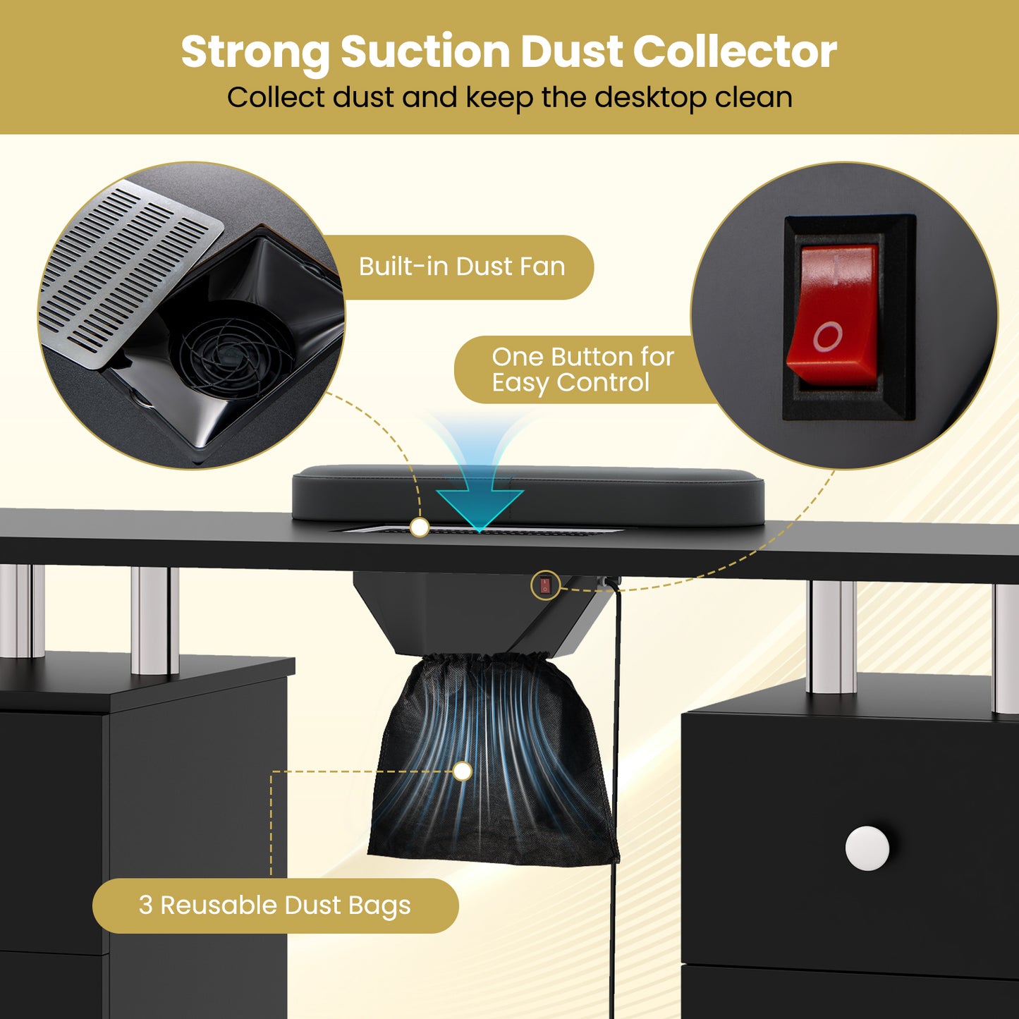 Manicure Table Nail Desk with Electric Dust Collector and 3 Dust Bags-Black