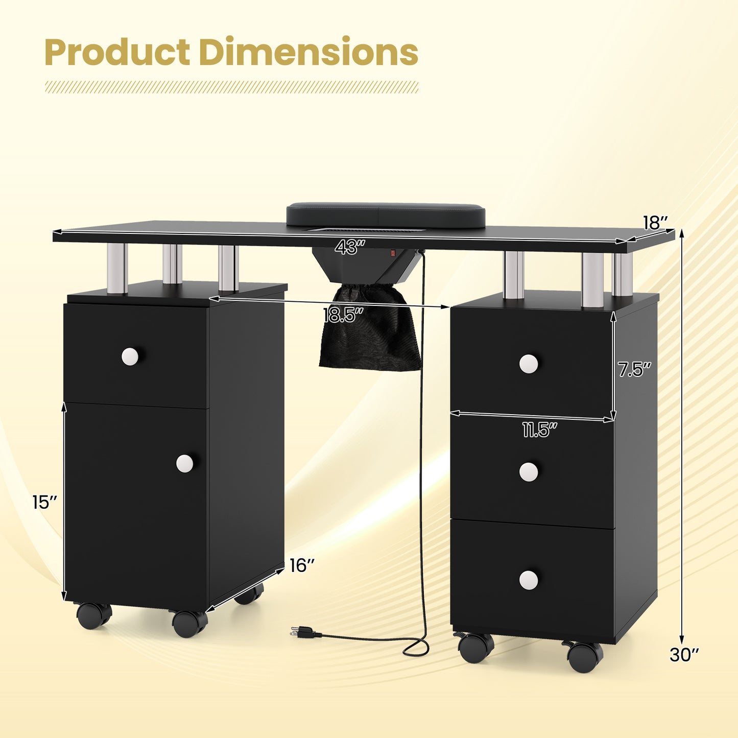 Manicure Table Nail Desk with Electric Dust Collector and 3 Dust Bags-Black
