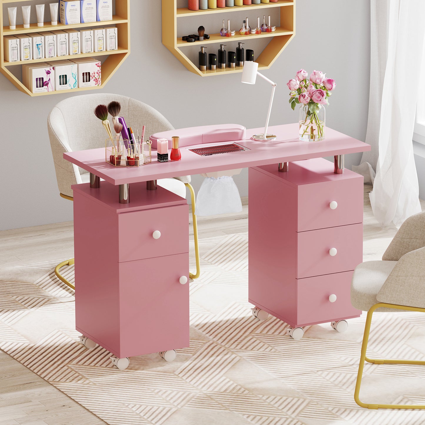 Manicure Table Nail Desk with Electric Dust Collector and 3 Dust Bags-Pink