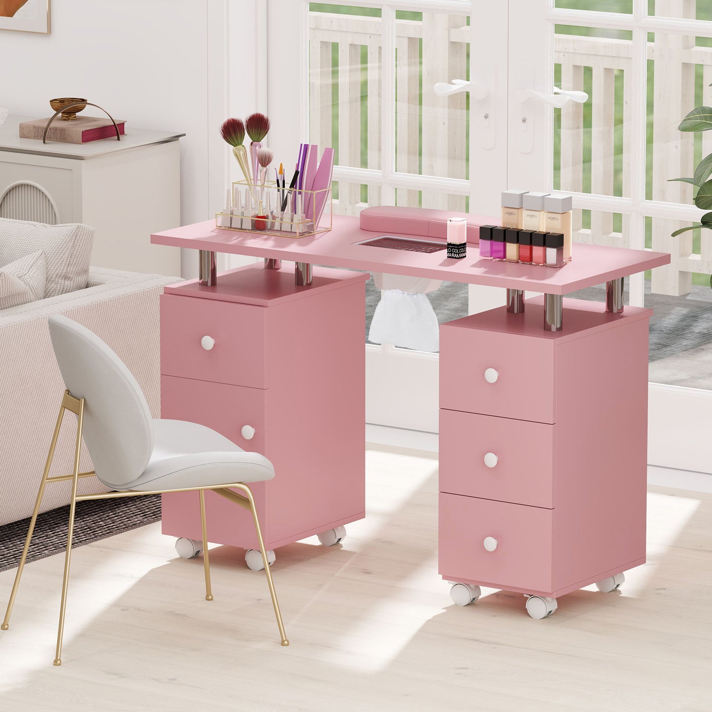 Manicure Table Nail Desk with Electric Dust Collector and 3 Dust Bags-Pink