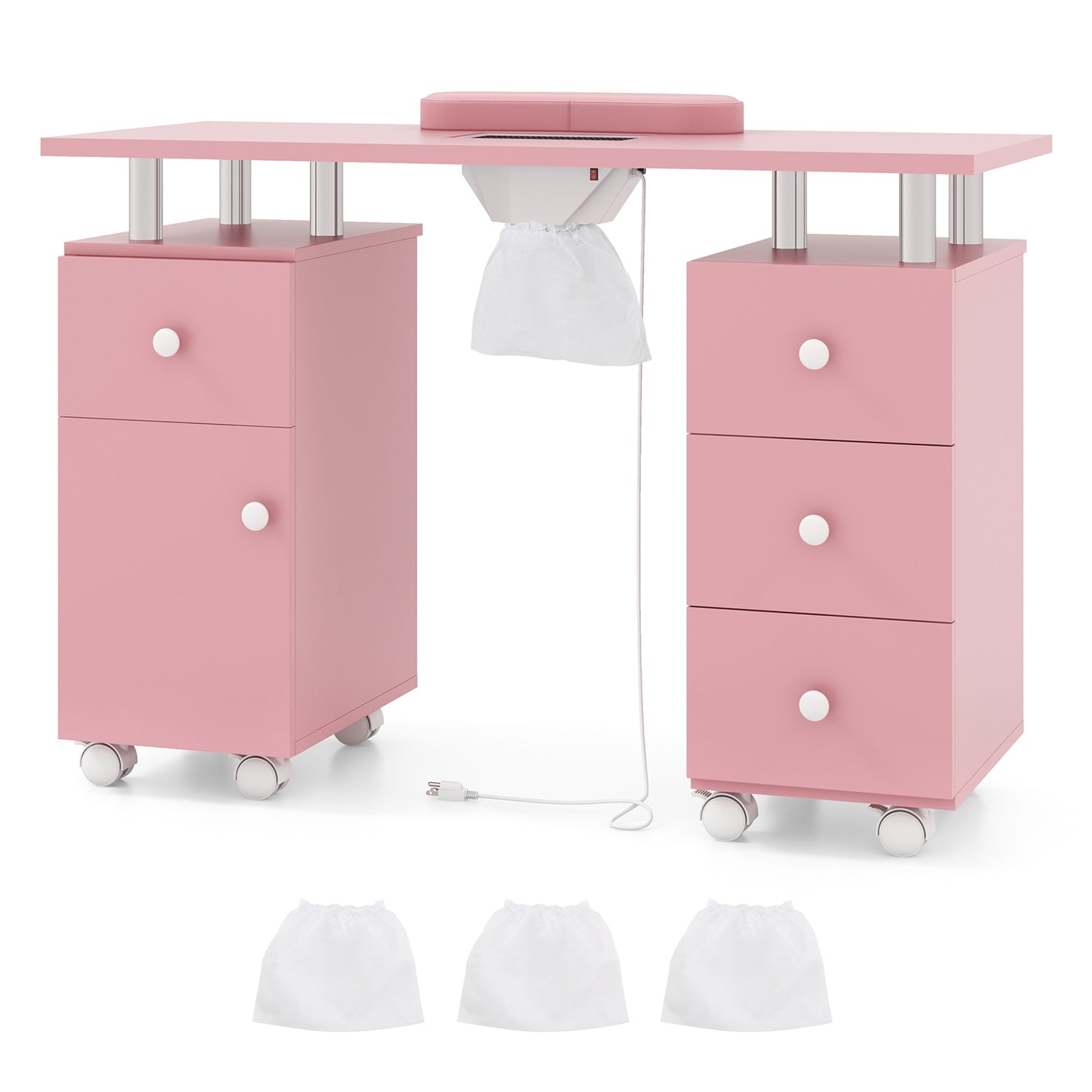Manicure Table Nail Desk with Electric Dust Collector and 3 Dust Bags-Pink