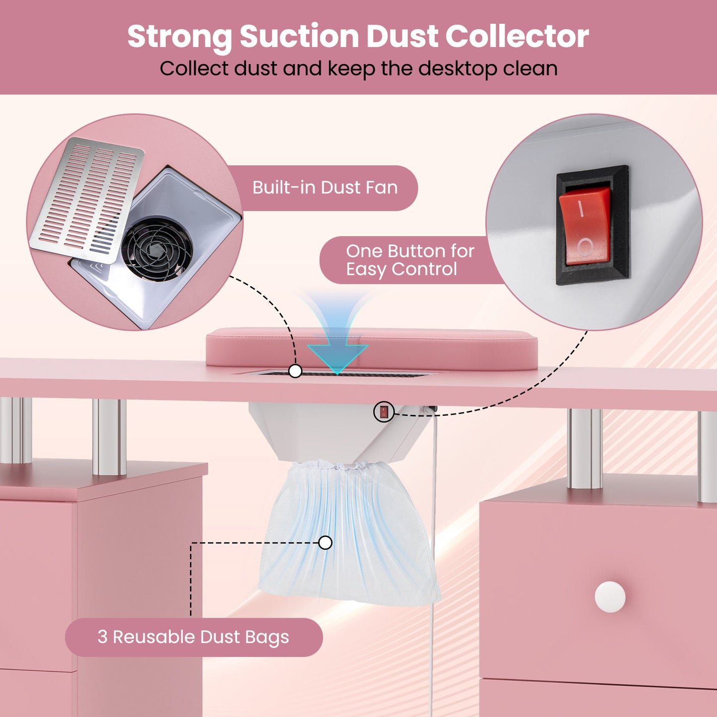 Manicure Table Nail Desk with Electric Dust Collector and 3 Dust Bags-Pink