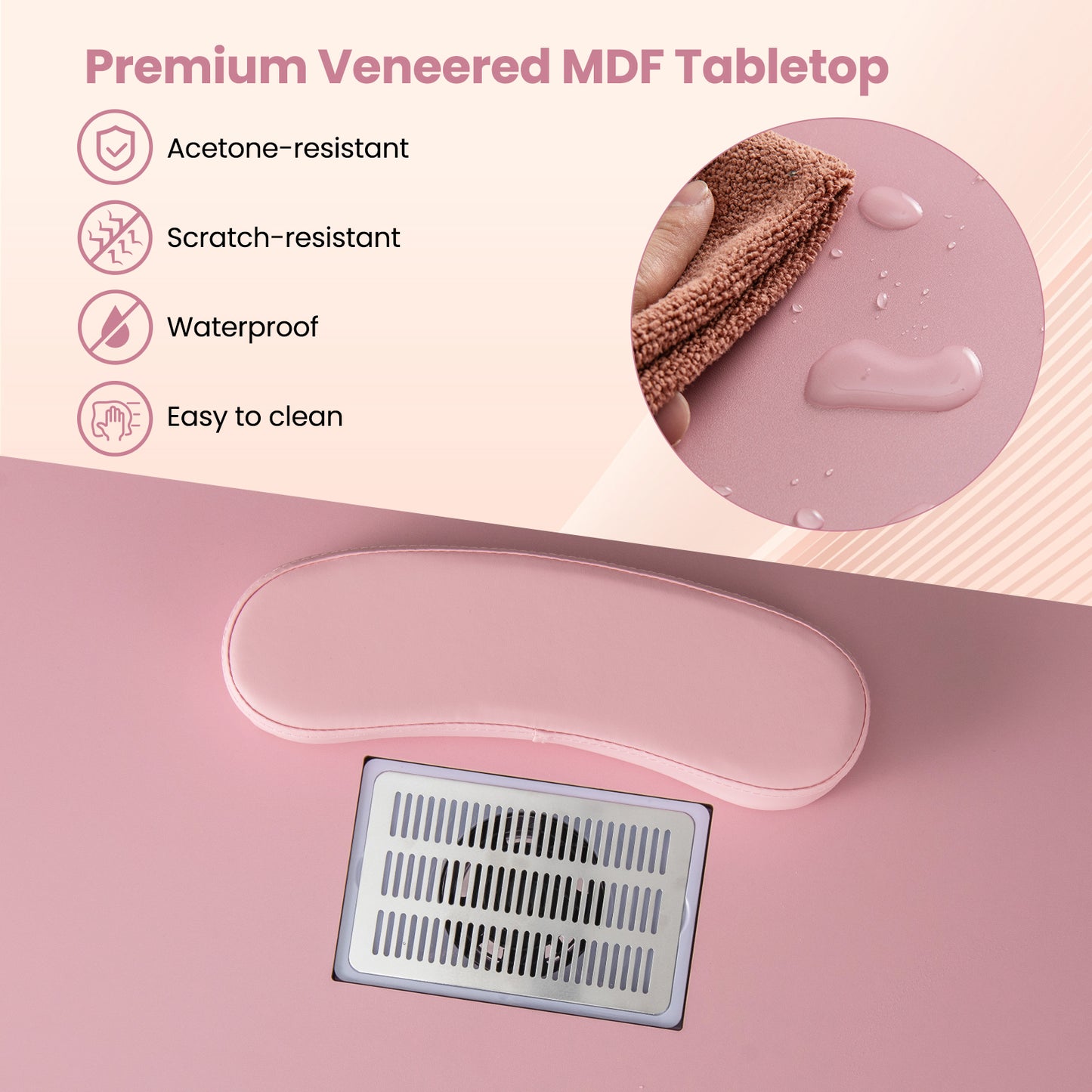 Manicure Table Nail Desk with Electric Dust Collector and 3 Dust Bags-Pink