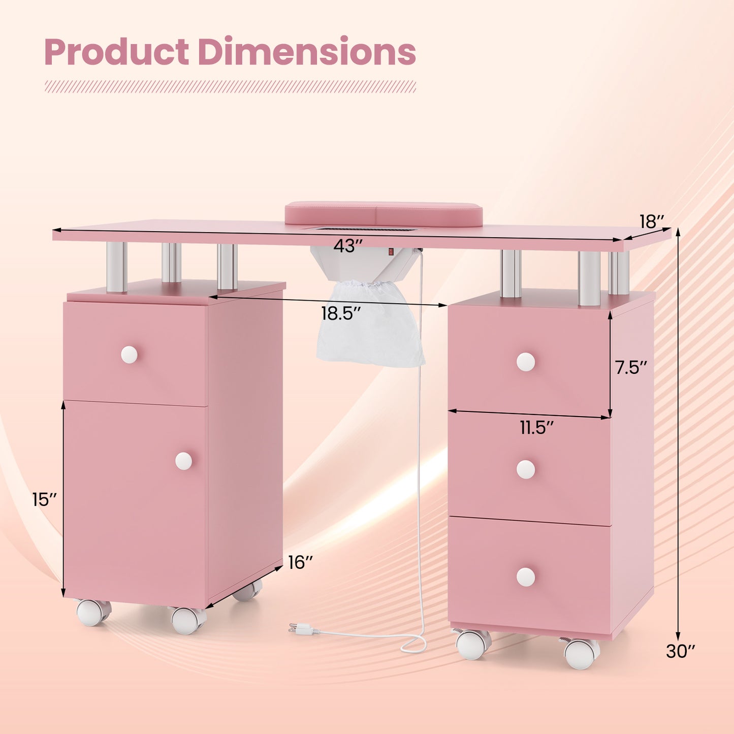 Manicure Table Nail Desk with Electric Dust Collector and 3 Dust Bags-Pink