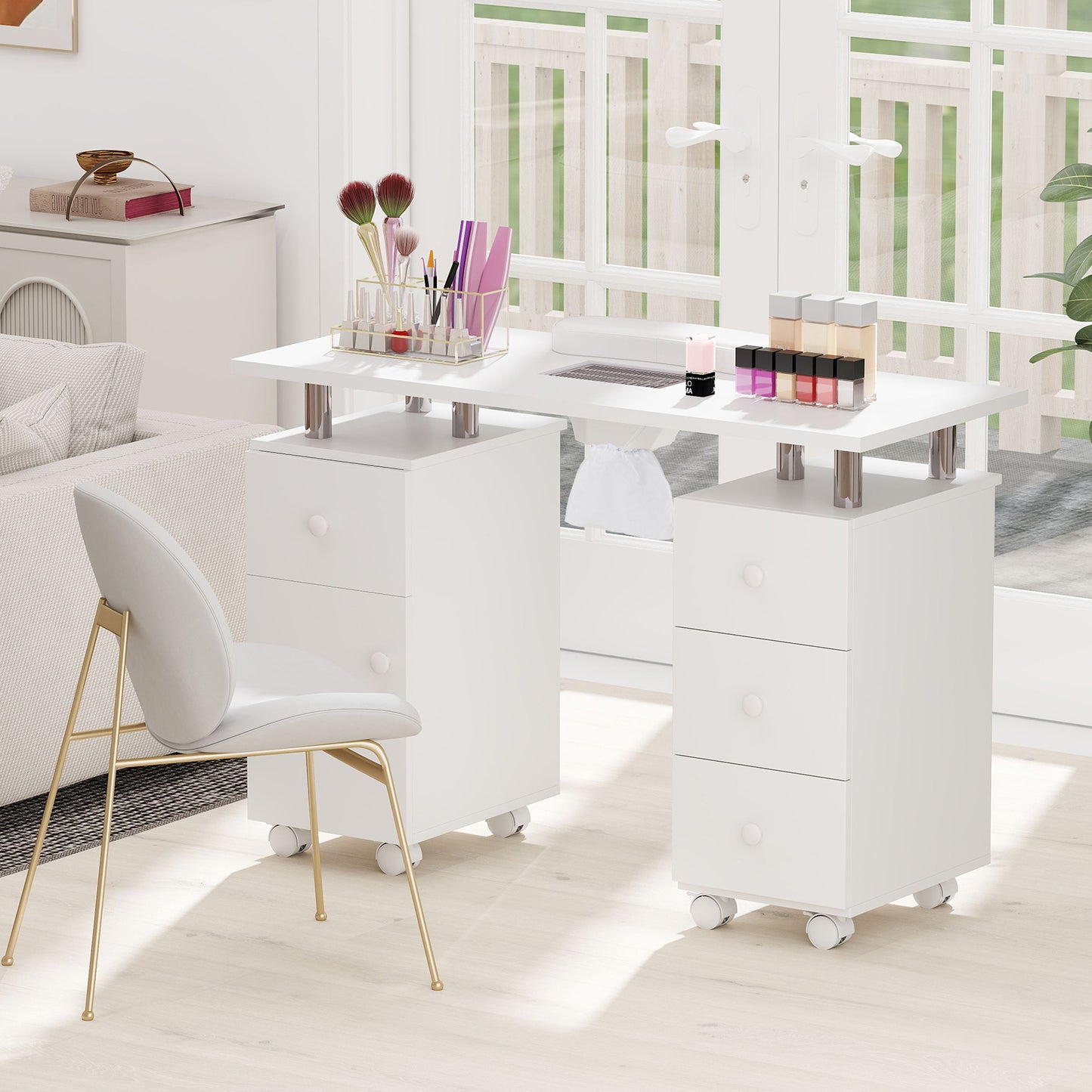 Manicure Table Nail Desk with Electric Dust Collector and 3 Dust Bags-White