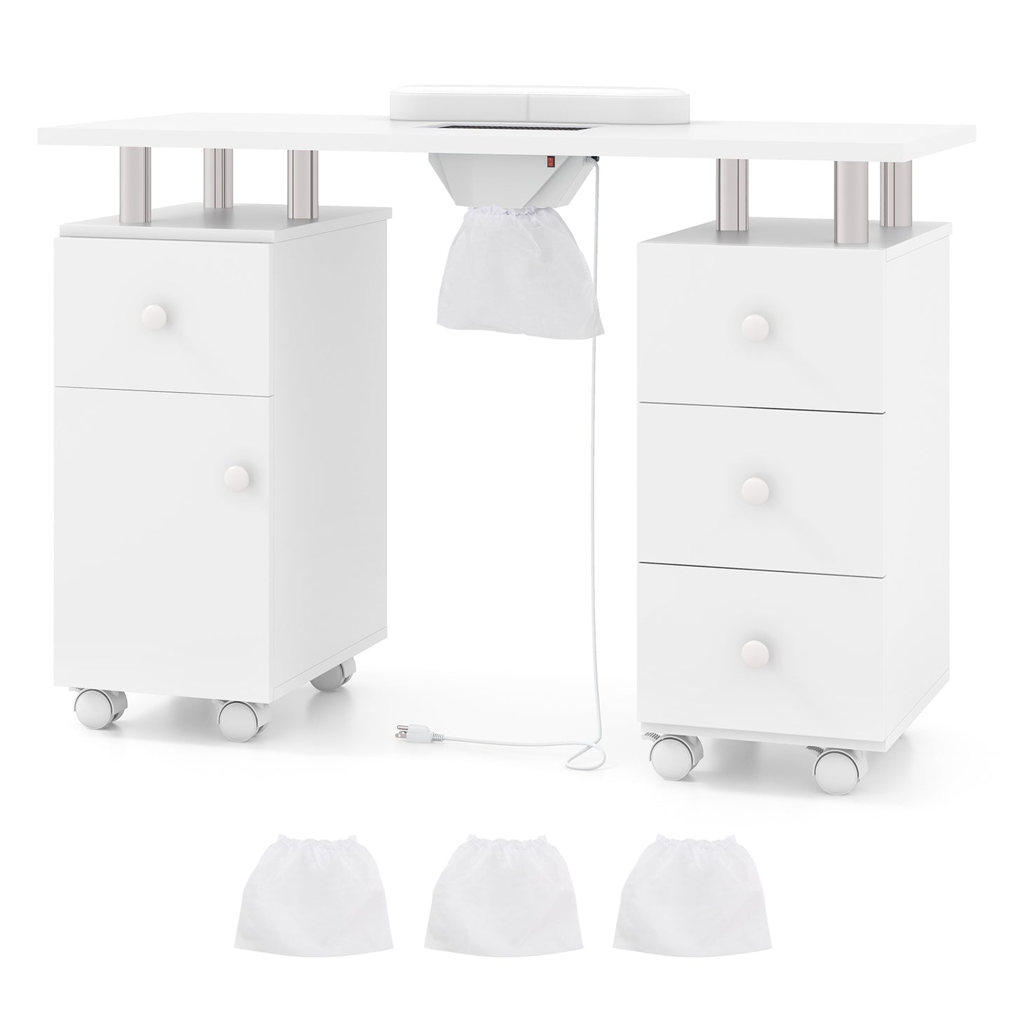 Manicure Table Nail Desk with Electric Dust Collector and 3 Dust Bags-White