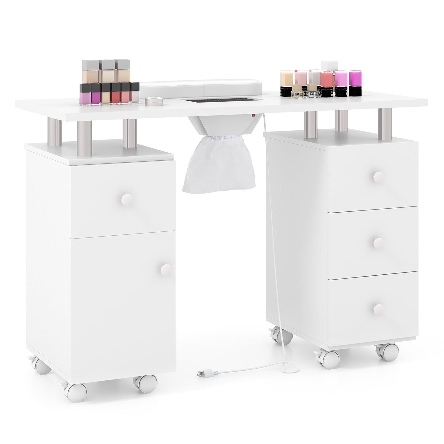 Manicure Table Nail Desk with Electric Dust Collector and 3 Dust Bags-White