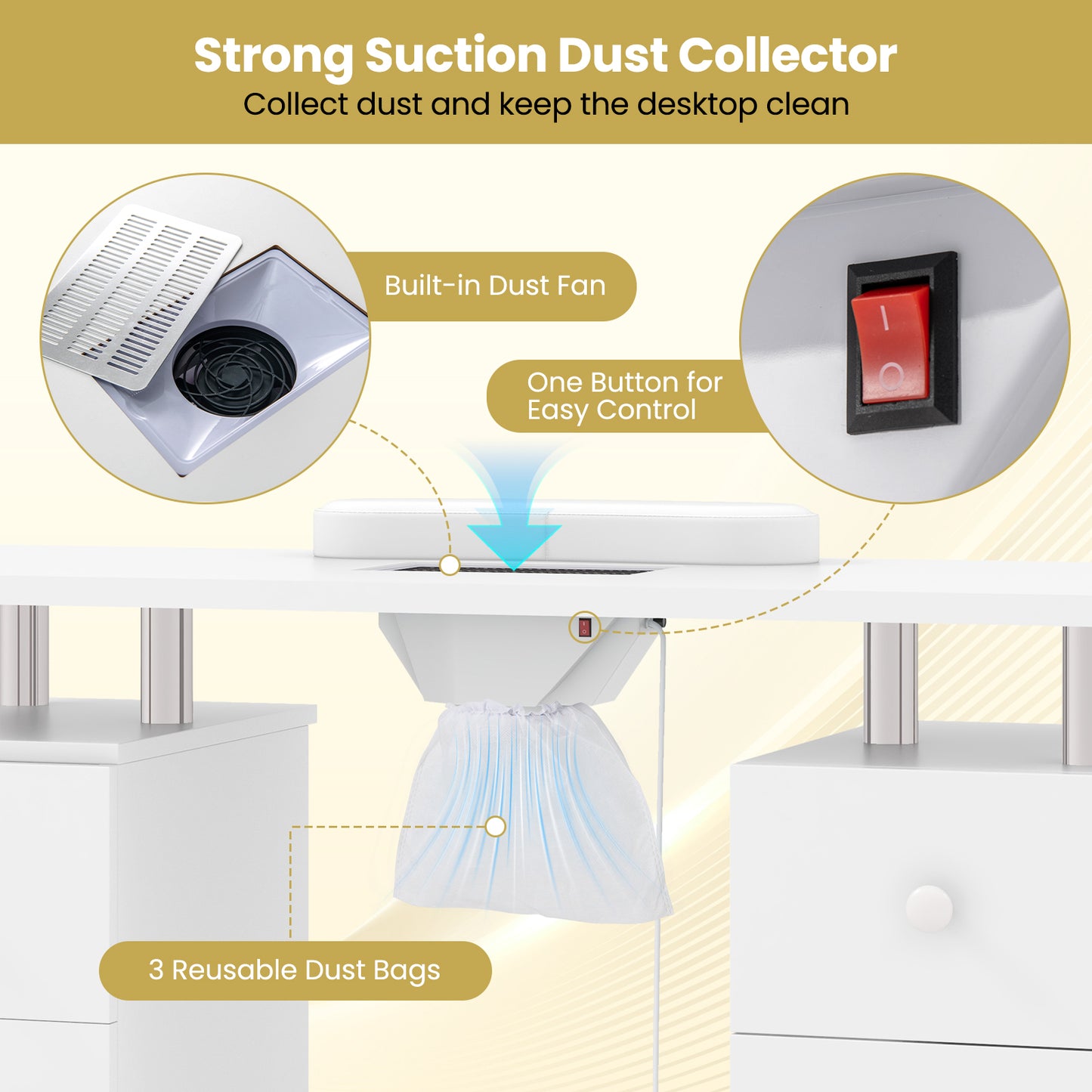 Manicure Table Nail Desk with Electric Dust Collector and 3 Dust Bags-White