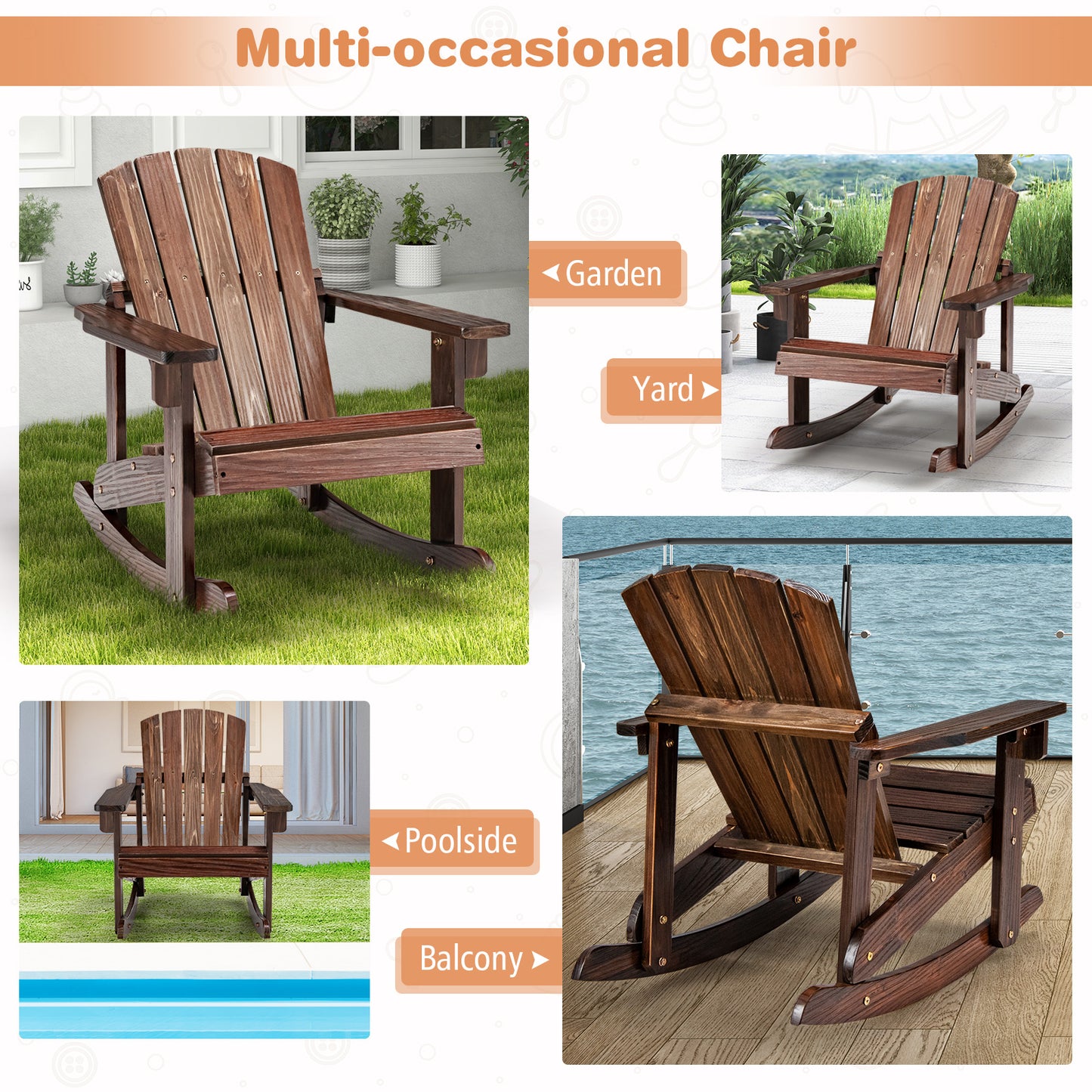 Kids Adirondack Rocking Chair - Outdoor Wooden Slatted Seat