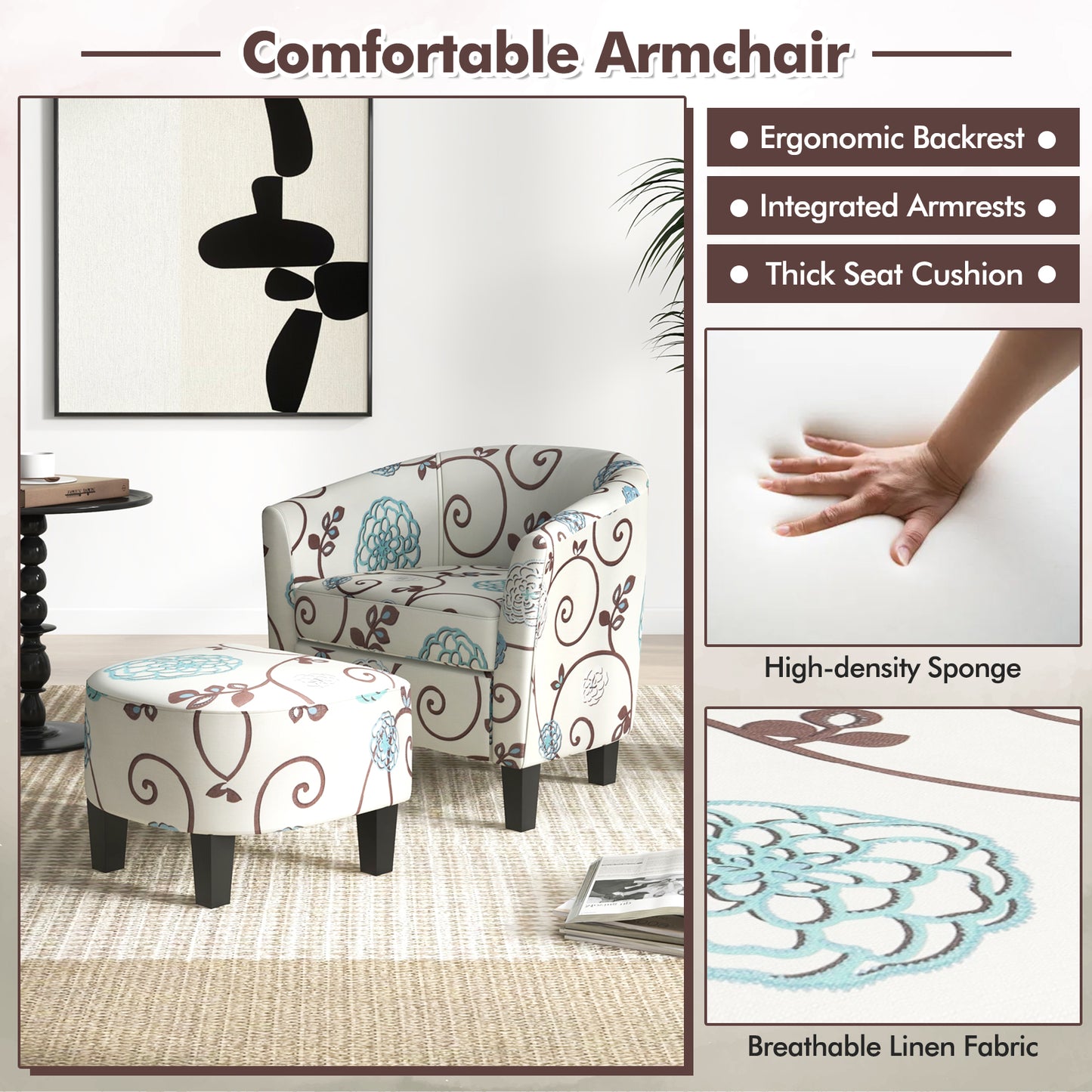Accent Tub Chair and Ottoman Set with Fabric Upholstery