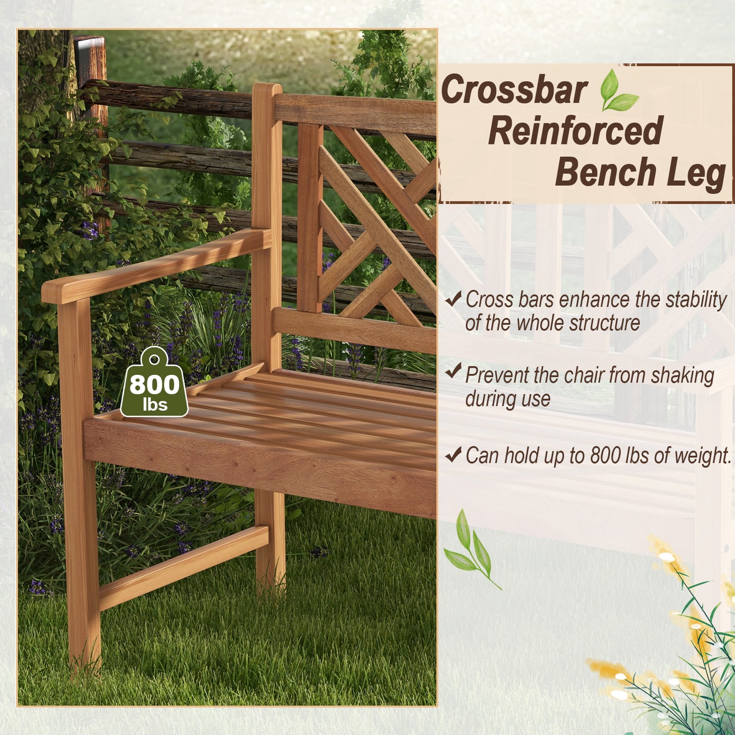2-Person Acacia Wood Outdoor Bench with Armrests