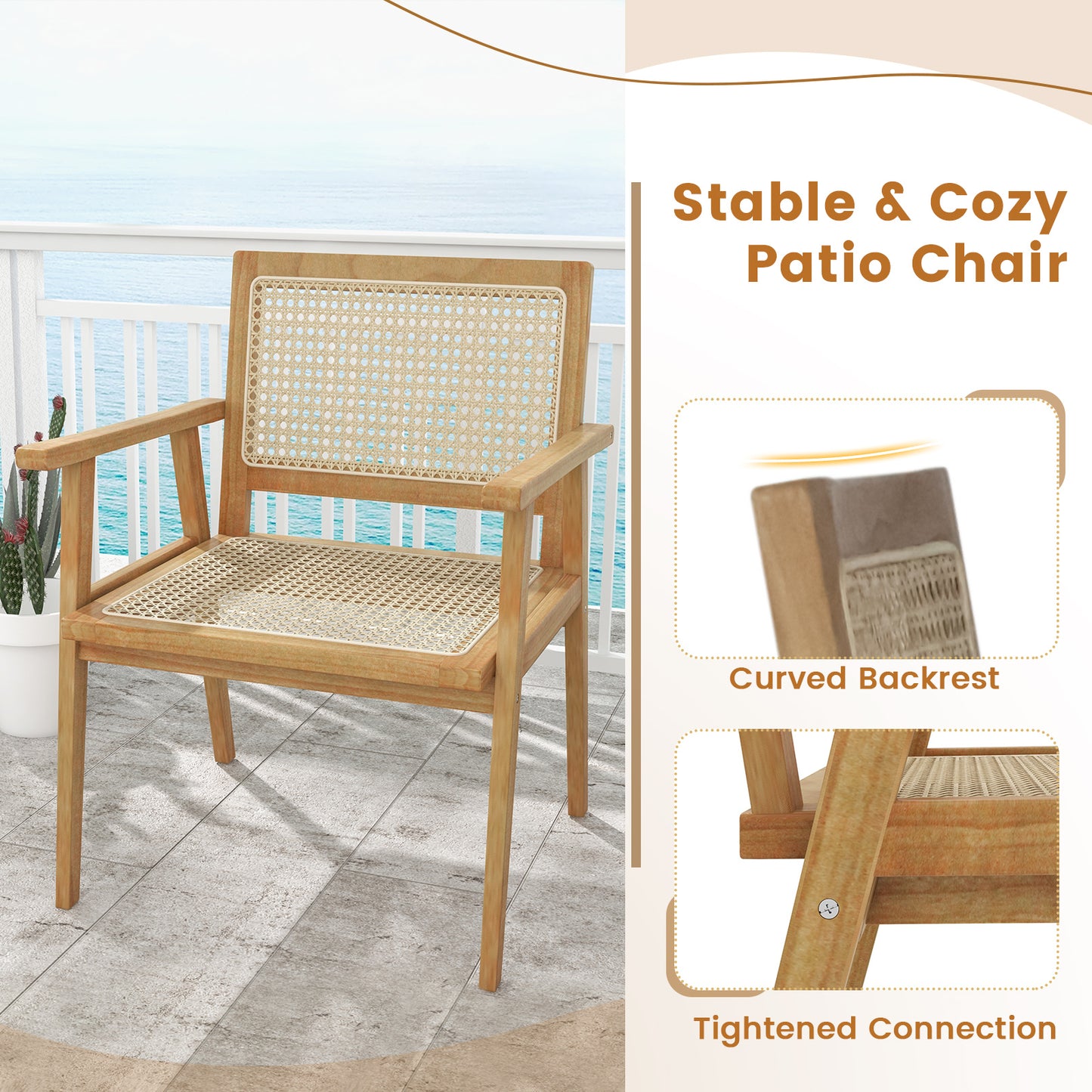 Teak Wood Patio Dining Chair with Natural Rattan Seat