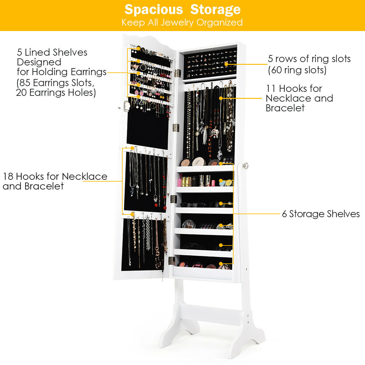 Mirrored Jewelry Armoire Cabinet with Lock and Full Length Mirror