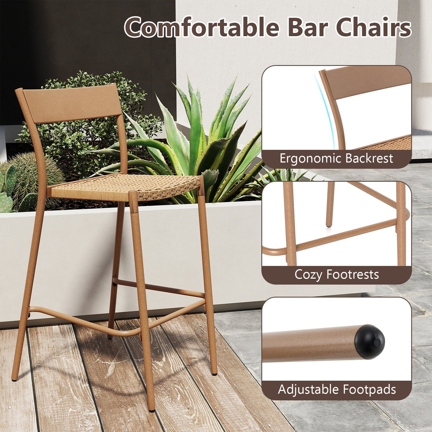 Patio Barstools Set of 2 with Rattan Seat and Metal Frame