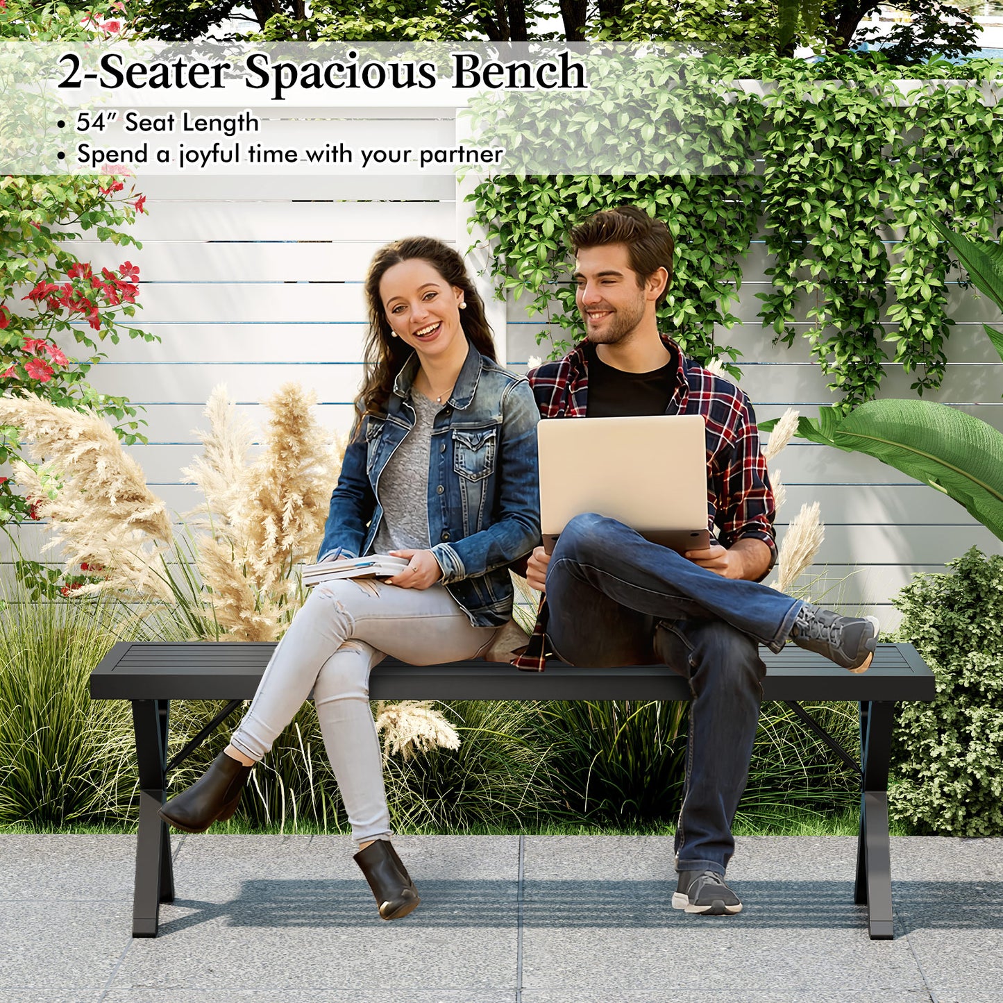 Metal Patio Bench with Slatted Seat and X Legs - 54 Inch