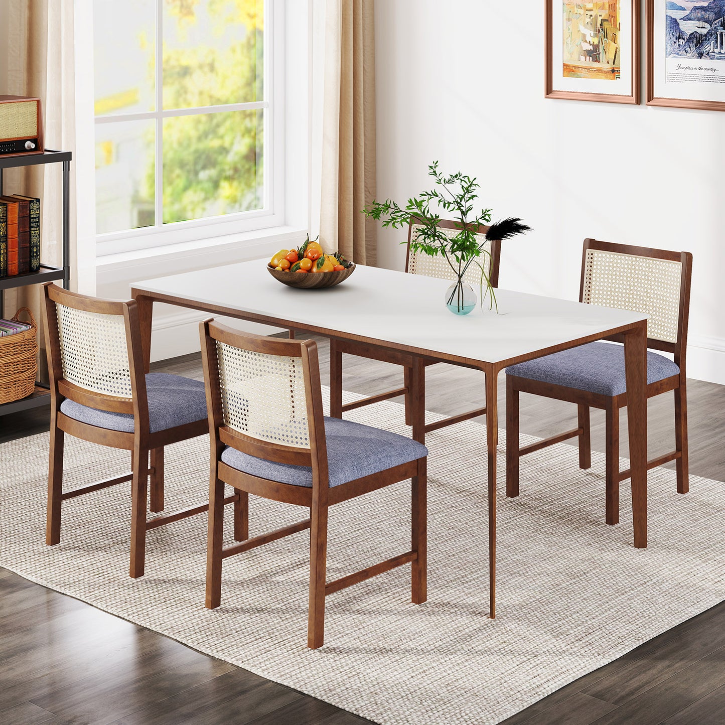 Rattan Dining Chairs Set of 2 with Padded Linen Seats