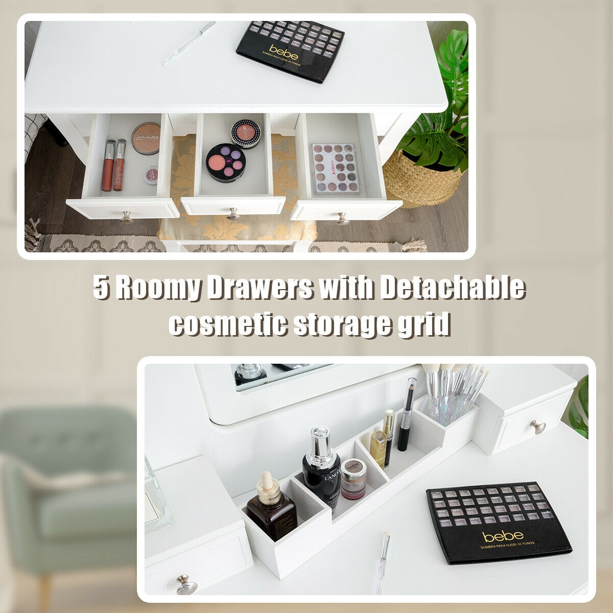 Makeup Vanity Set with 5 Drawers and Padded Stool
