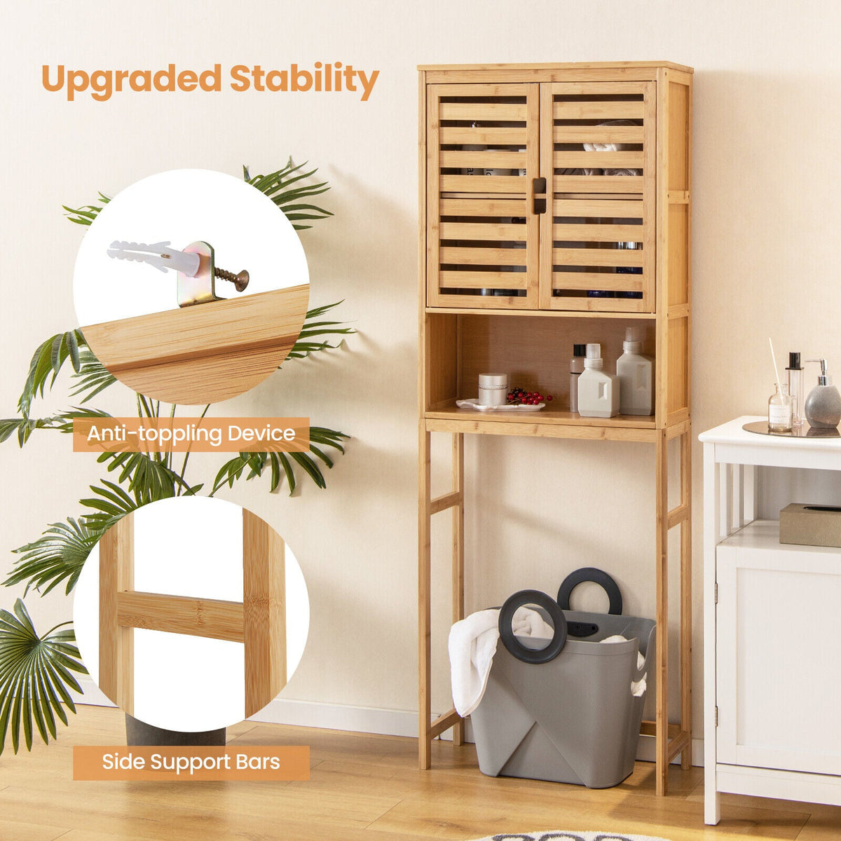 Bamboo Over The Toilet Storage Cabinet Bathroom with Adjustable Shelf-Natural