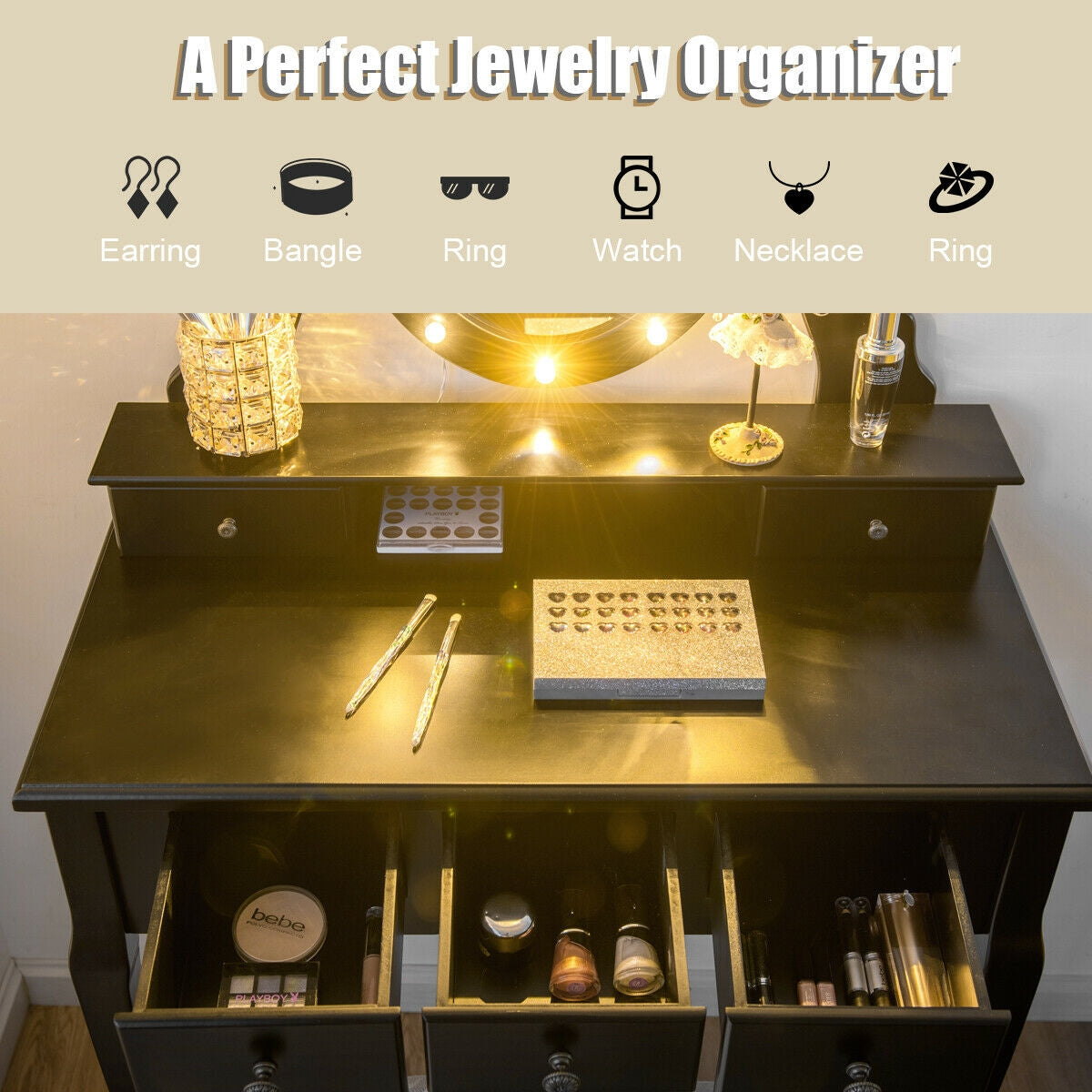 5-Drawer Vanity Table Set with LED Lighted Mirror & Stool