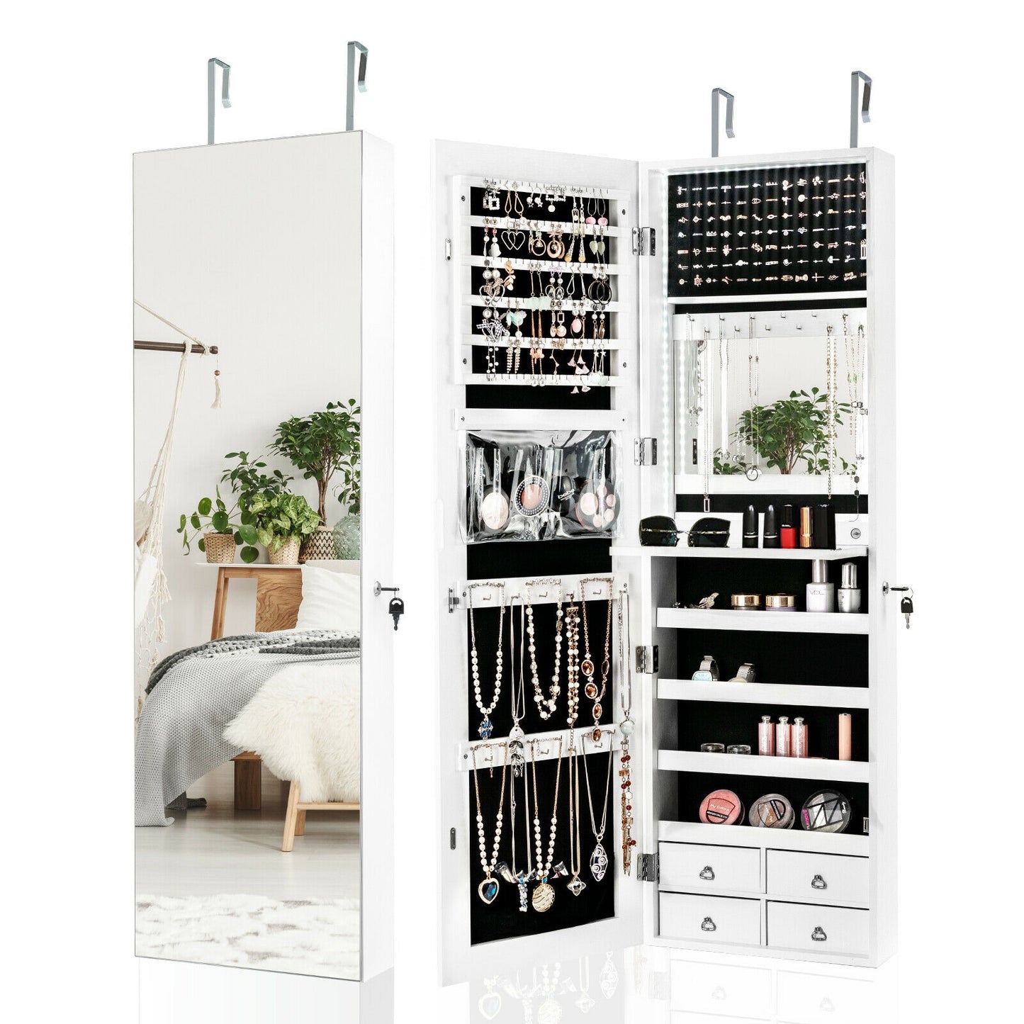 Wall-Mounted Jewelry Cabinet with Full-Length Mirror & LED Lights