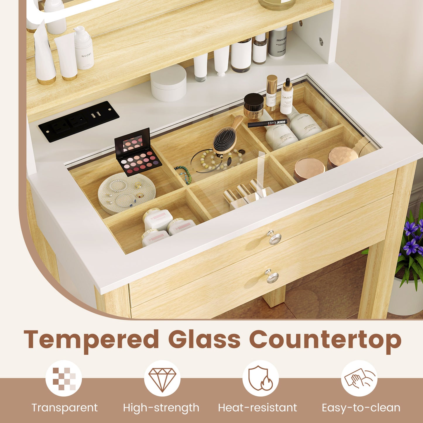 Vanity Desk Set with LED Lighted Mirror and Power Outlets