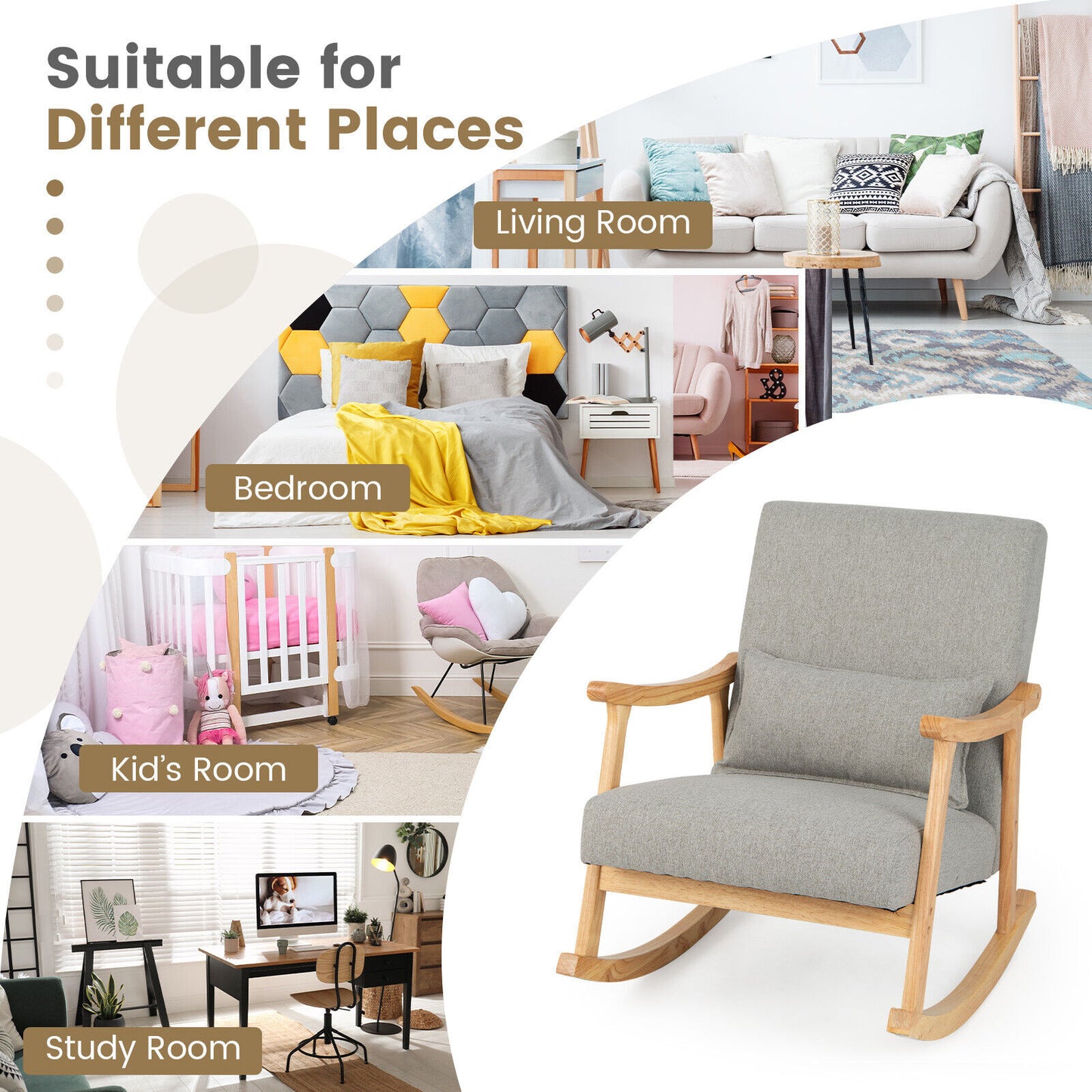 Upholstered Rocking Chair with Lumbar Pillow and Wood Frame