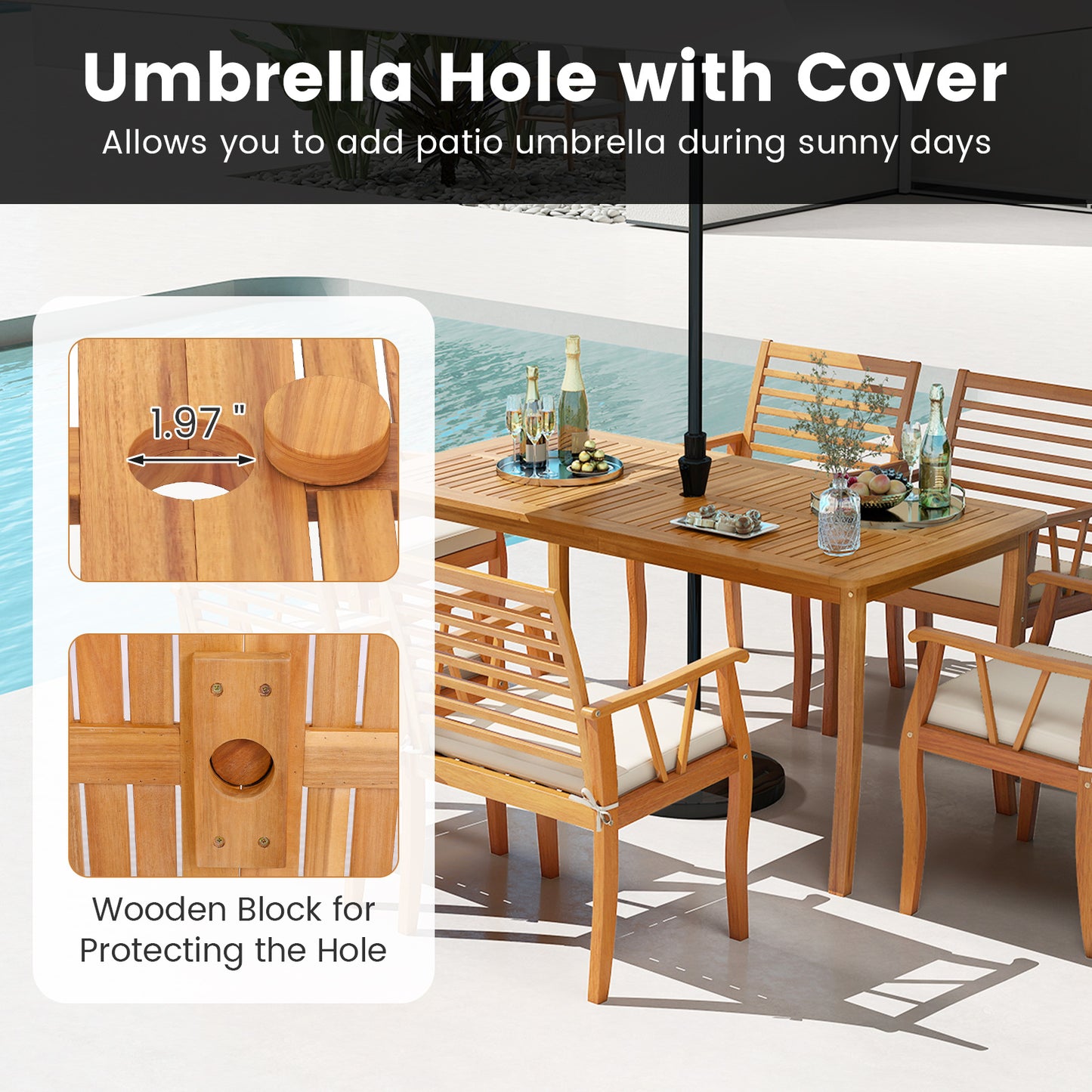 Acacia Wood Patio Dining Set with Umbrella Hole for 6 People