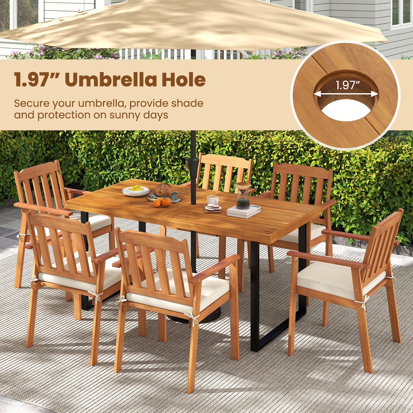 6-Piece Acacia Wood Patio Dining Set with Cushioned Chairs & Bench