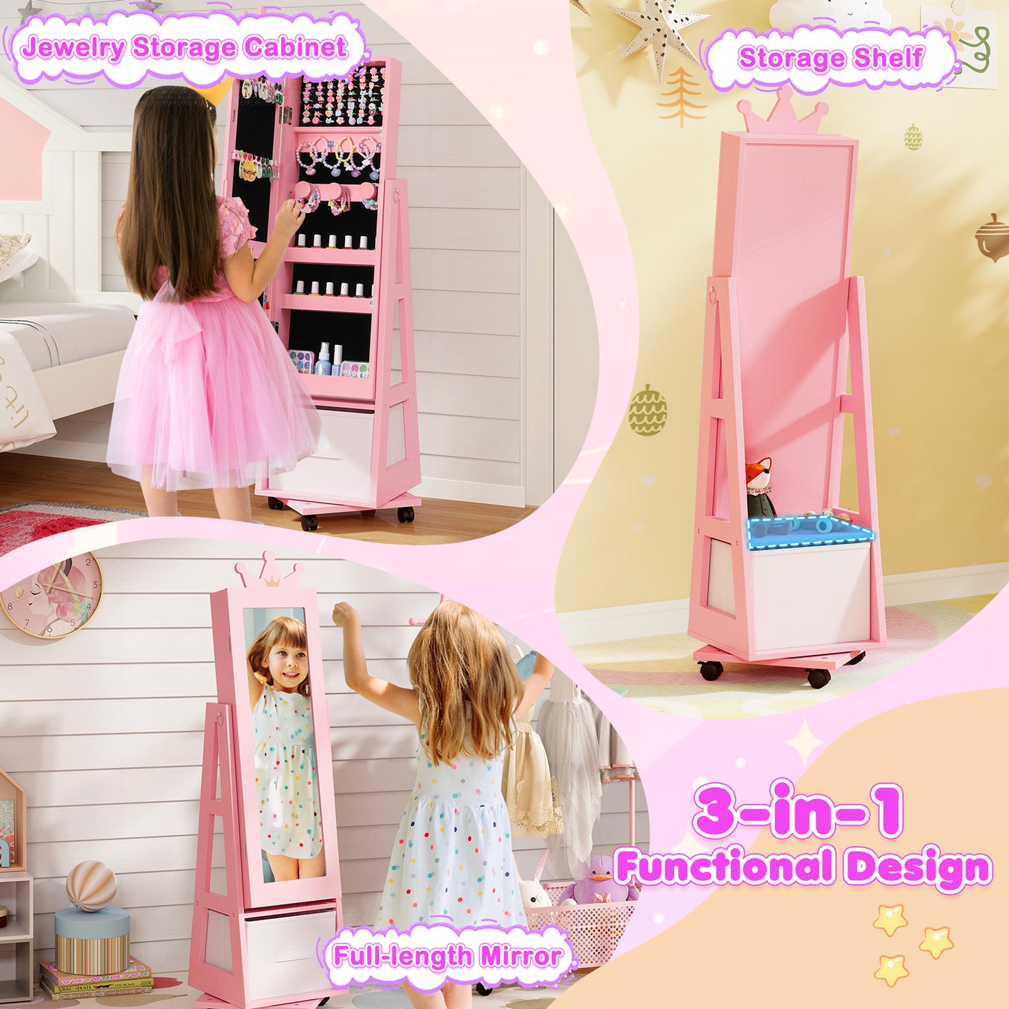 Kids Vanity Set with Jewelry Armoire and Full-Length Mirror