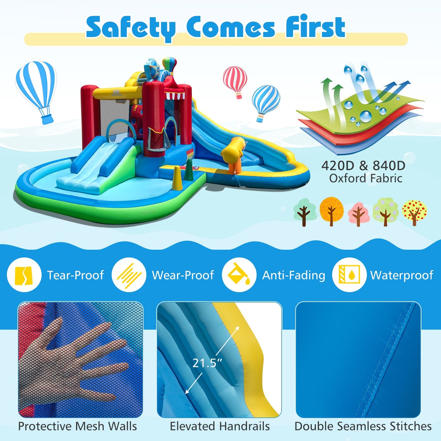 Inflatable Water Park with Splash Pool 50 Ocean Balls and 750W Blower