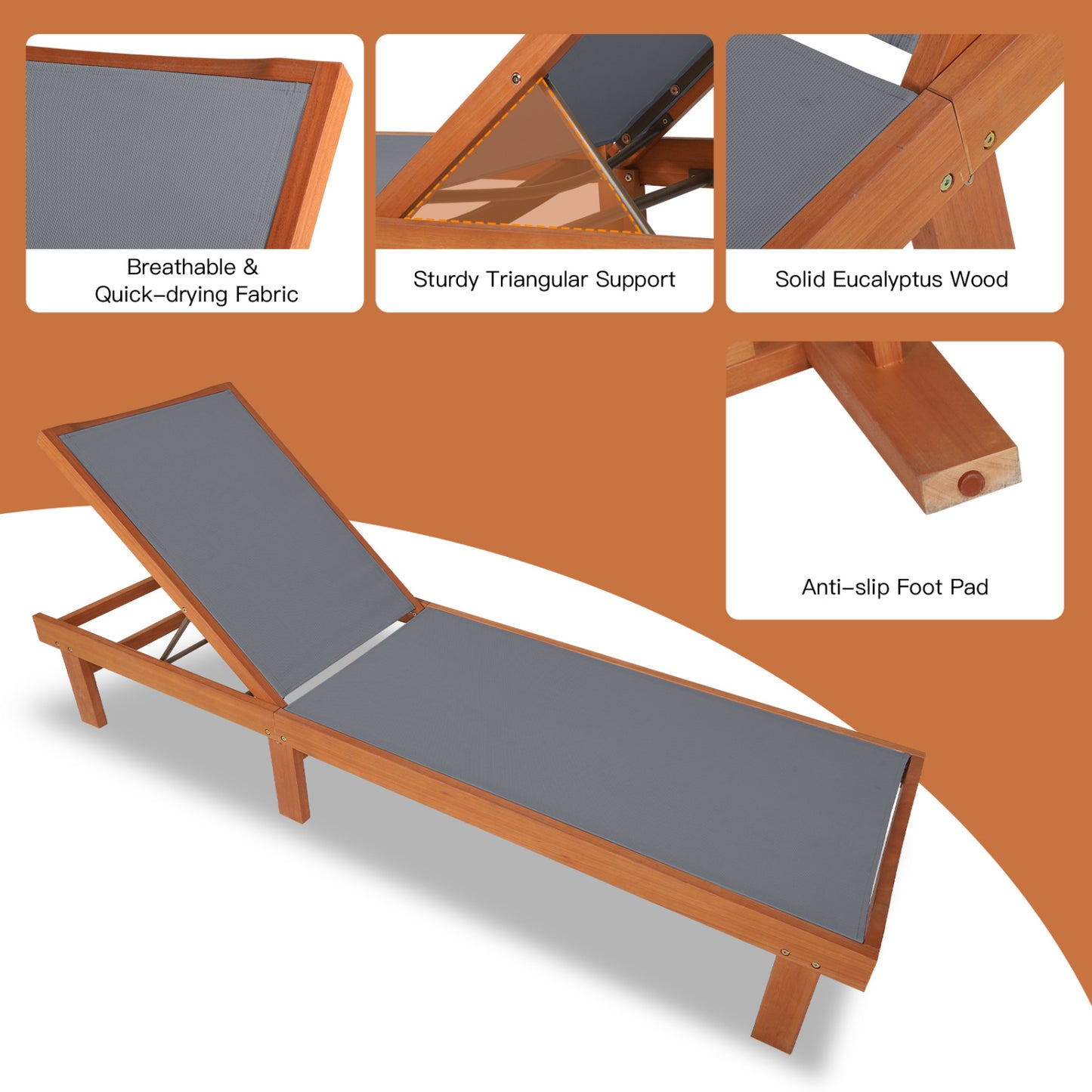 Adjustable Wood Chaise Lounge Chair with 5-Position Back