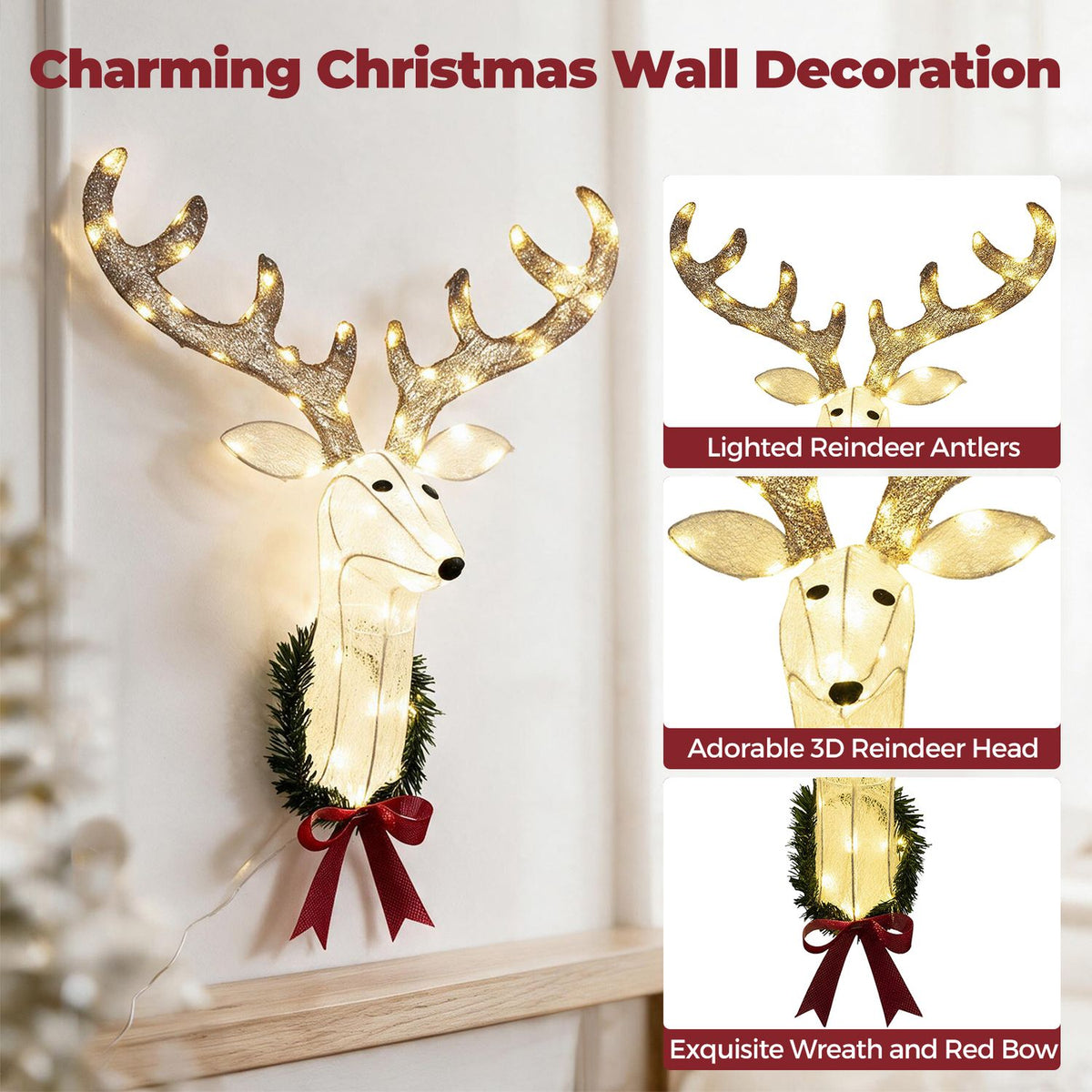 32” Pre-Lit 3D Rudolph Hanging Wreath with LED Warm White Lights