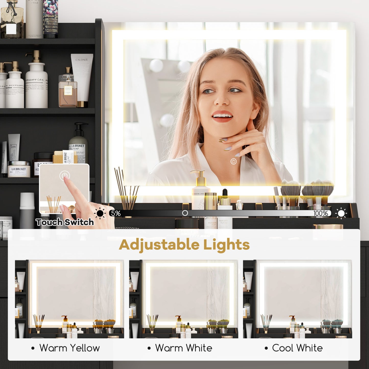 Vanity Table Set with Lighted Mirror and Storage Bench