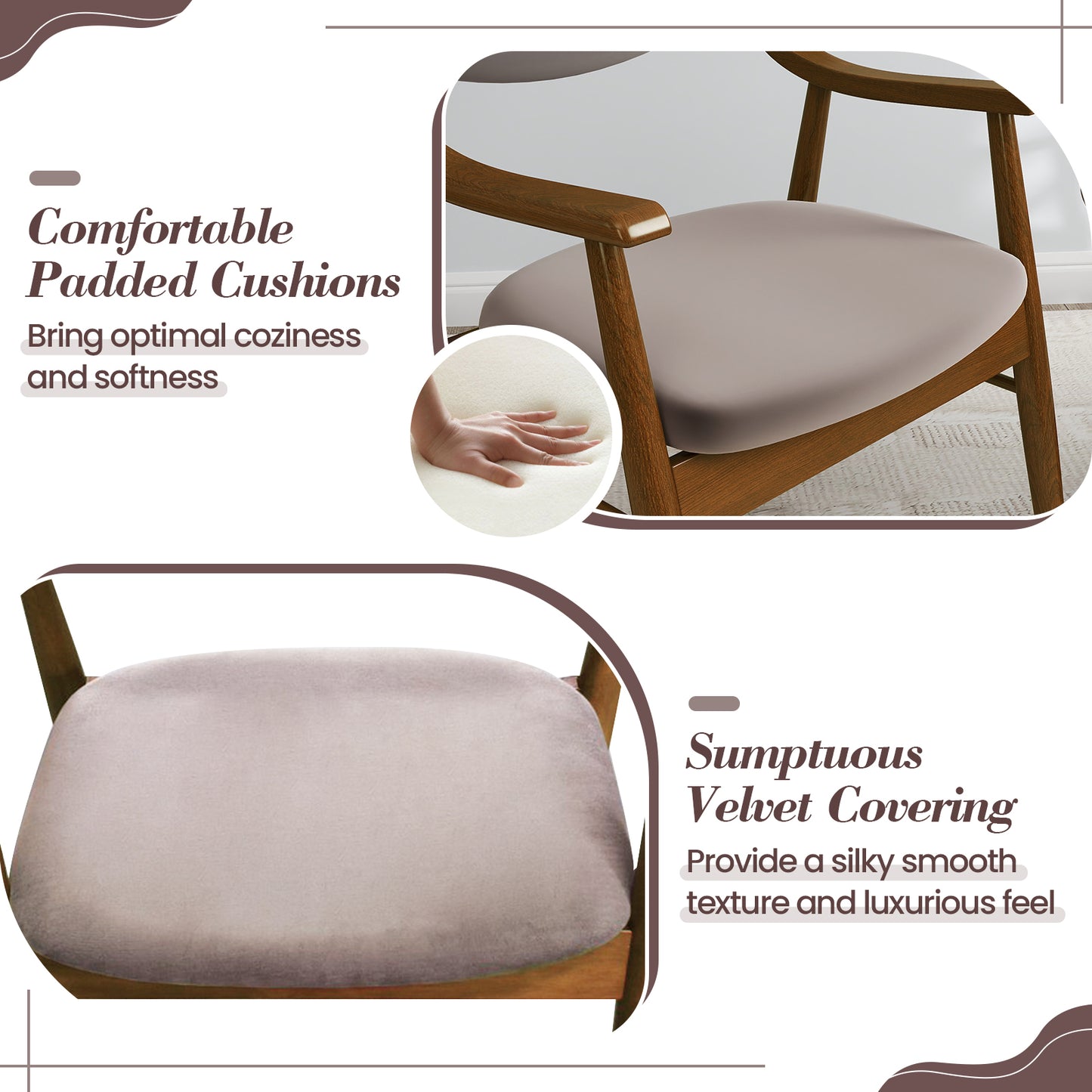 Padded Dining Chairs Set of 2 with Armrests and Wooden Frame