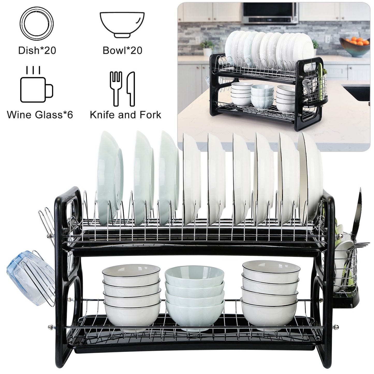 2-Tier Dish Drying Rack with Drainboard and Cup Holder