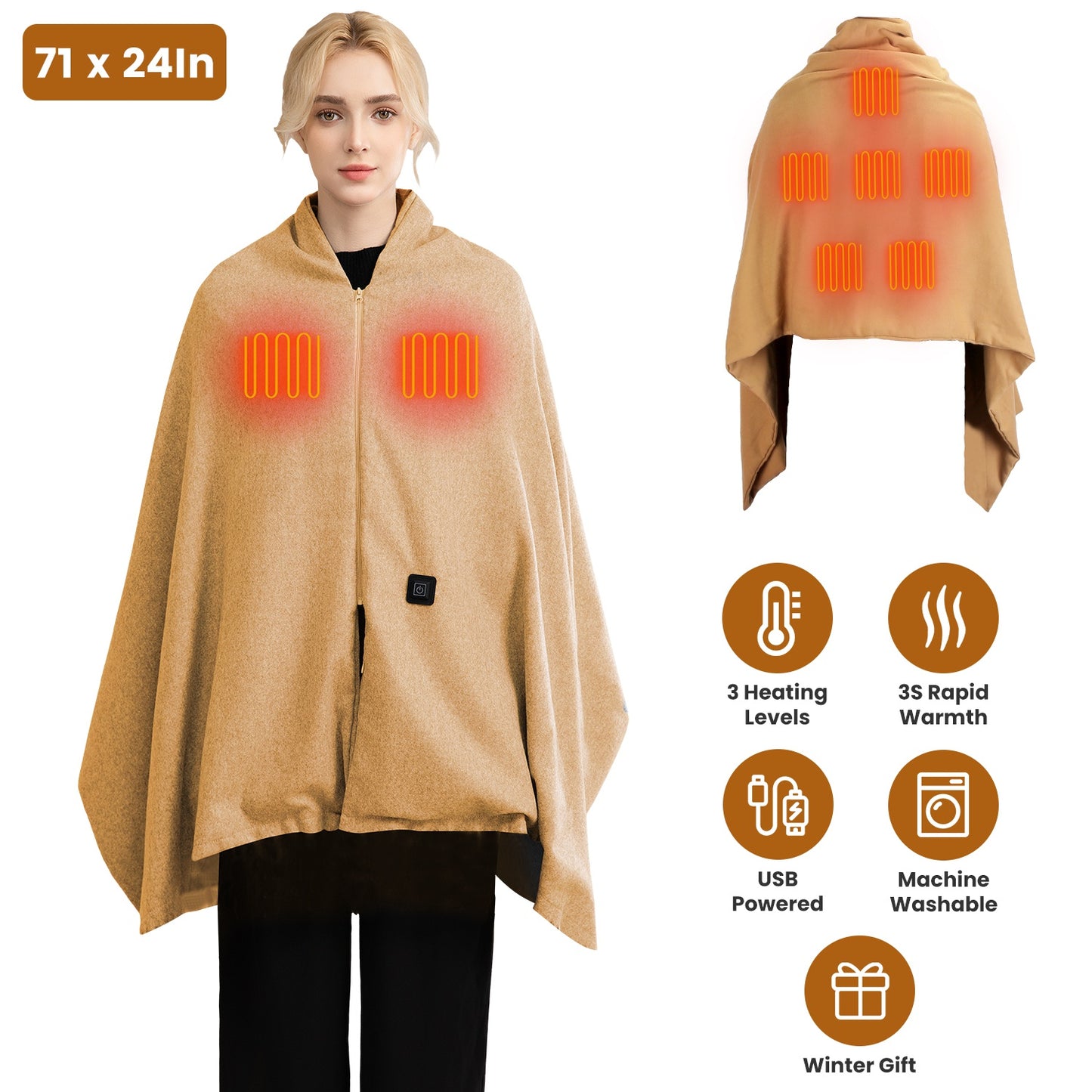 USB Heated Shawl with 3 Heat Levels and Zipper