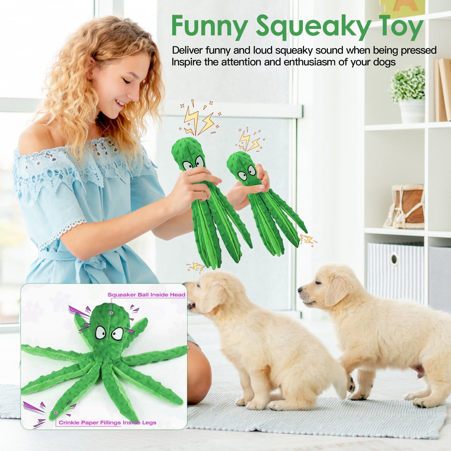 Squeaky Octopus Dog Toy Set - No Stuffing Crinkle Plush