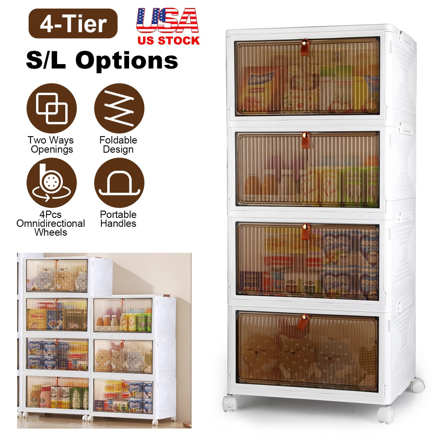 4-Tier Stackable Storage Bins with Wheels and Magnetic Door