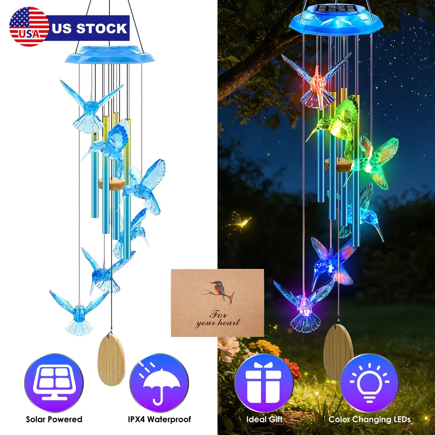 Solar Wind Chime with Color-Changing LED Lights & Aluminum Tubes