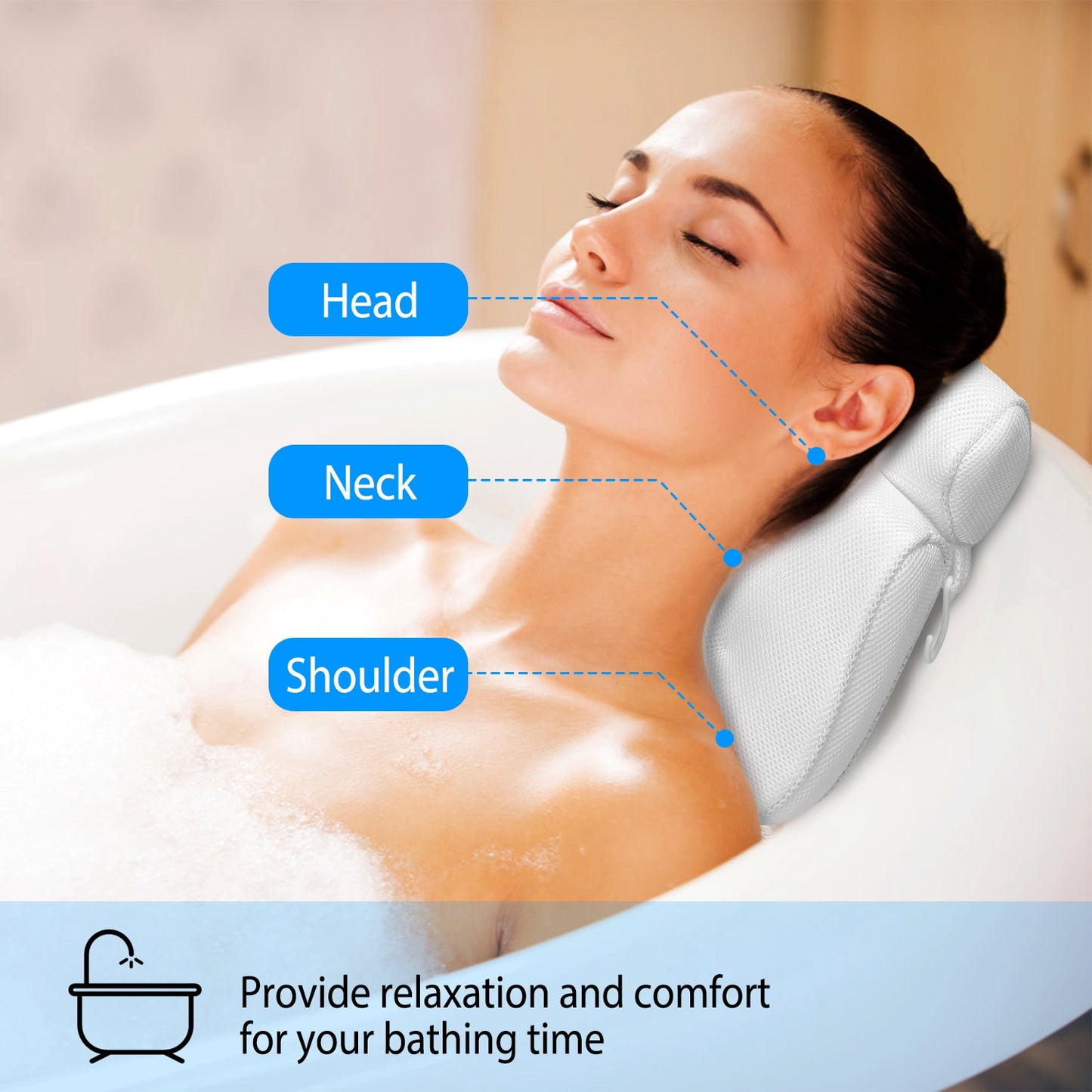 Bath Pillow with Suction Cups for Neck and Head Support