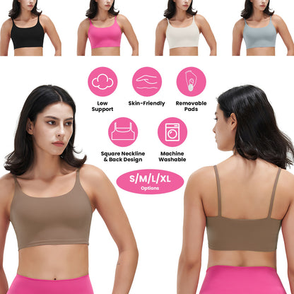 Women Strap Sport Bras Padded Strappy Crop Square Neck Low Impact Bras Sexy Fitness Tank Tops with Removable Pads Flat Straps for Gym Yoga Workout Run