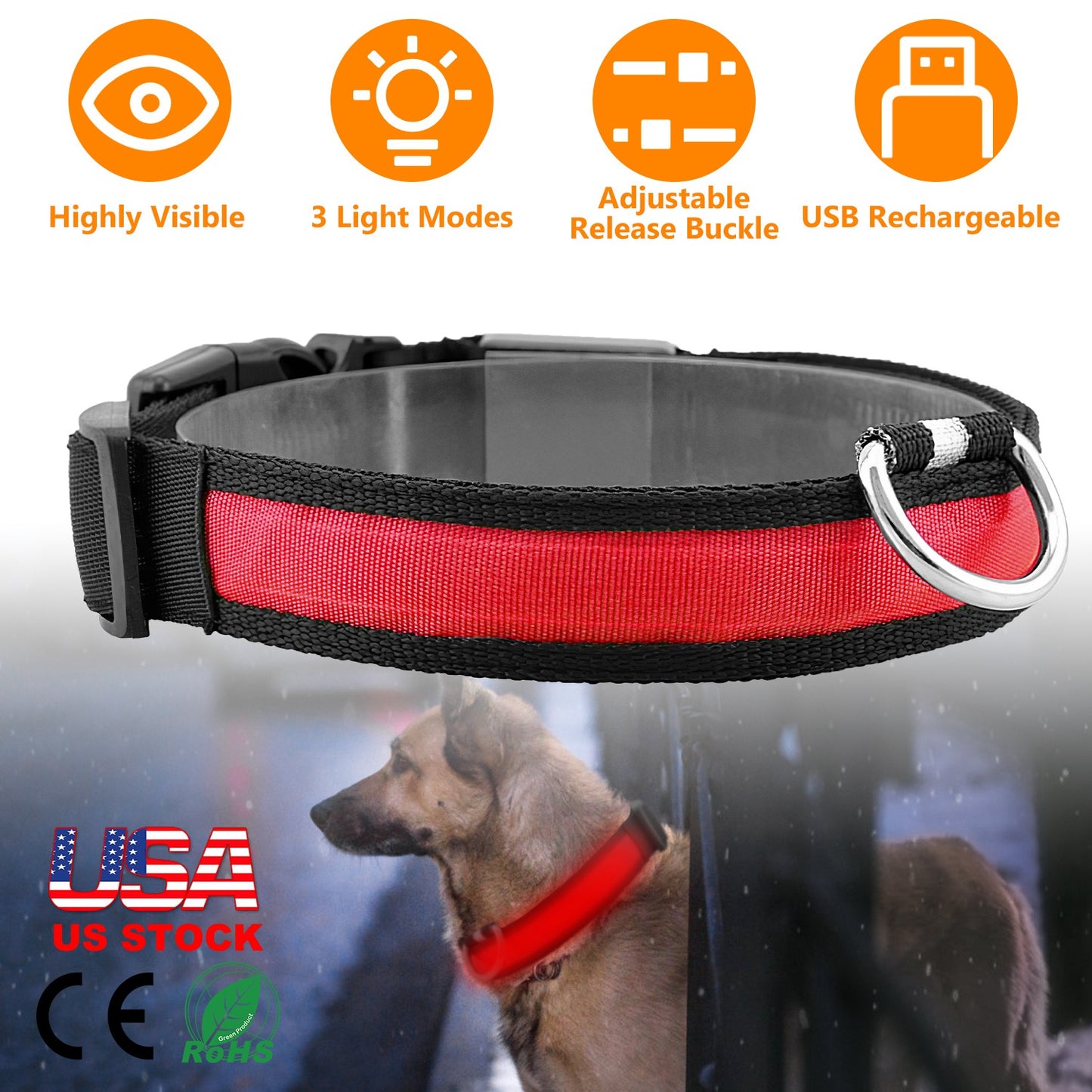 LED Dog Collar USB Rechargeable with Night Safety Lights