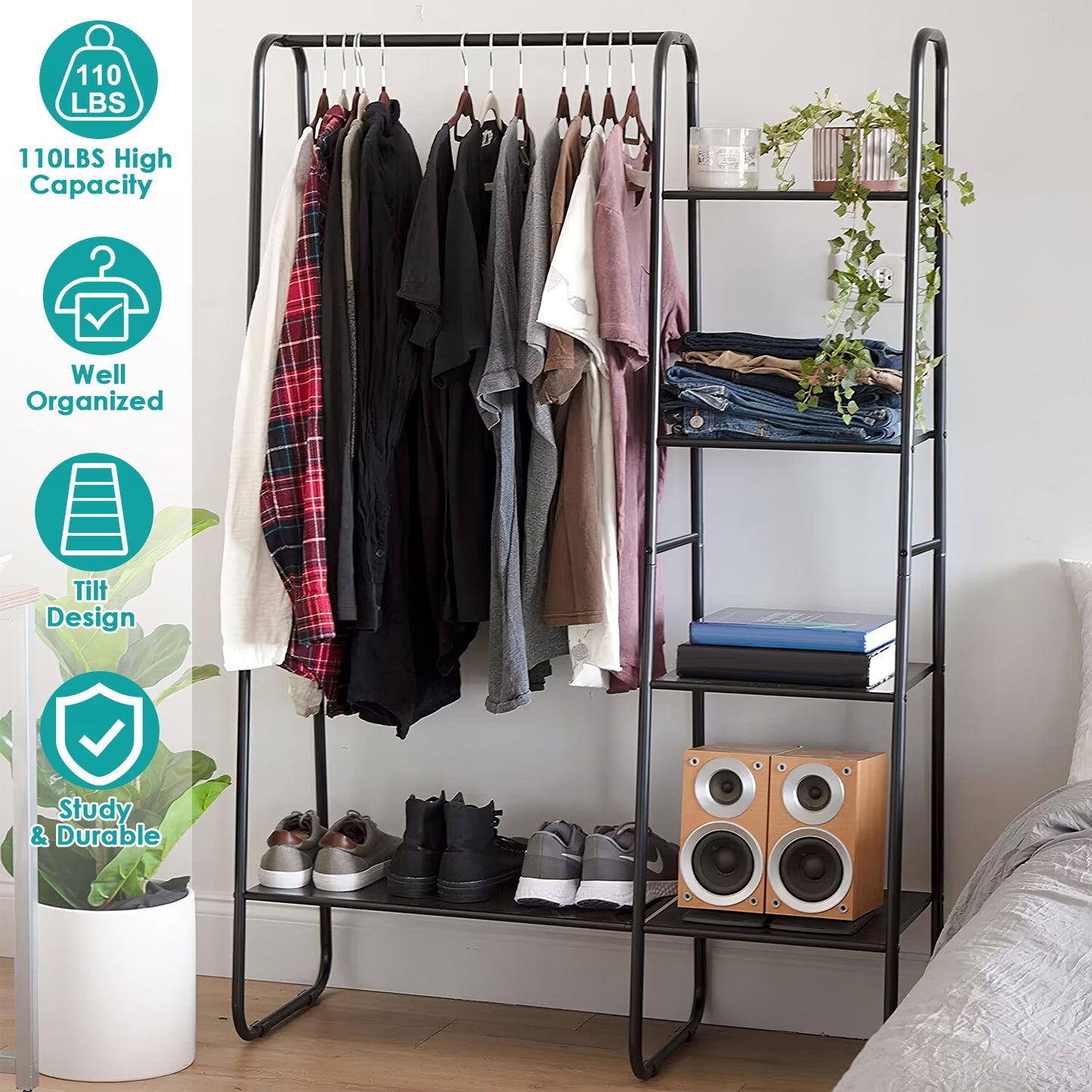 Metal Garment Rack with 5 Shelves and Hanging Rod