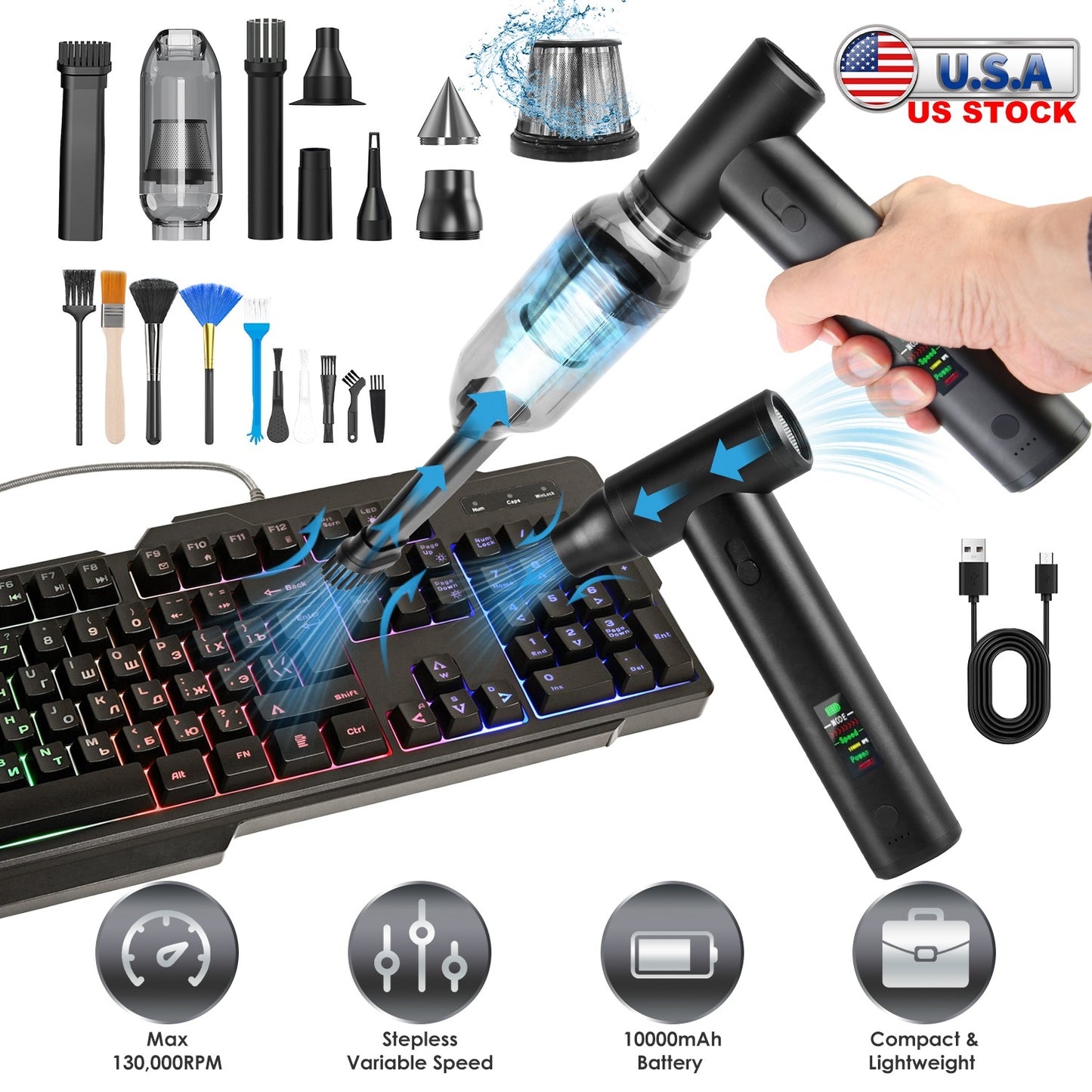Cordless Air Duster 130,000 RPM with 19 Accessories