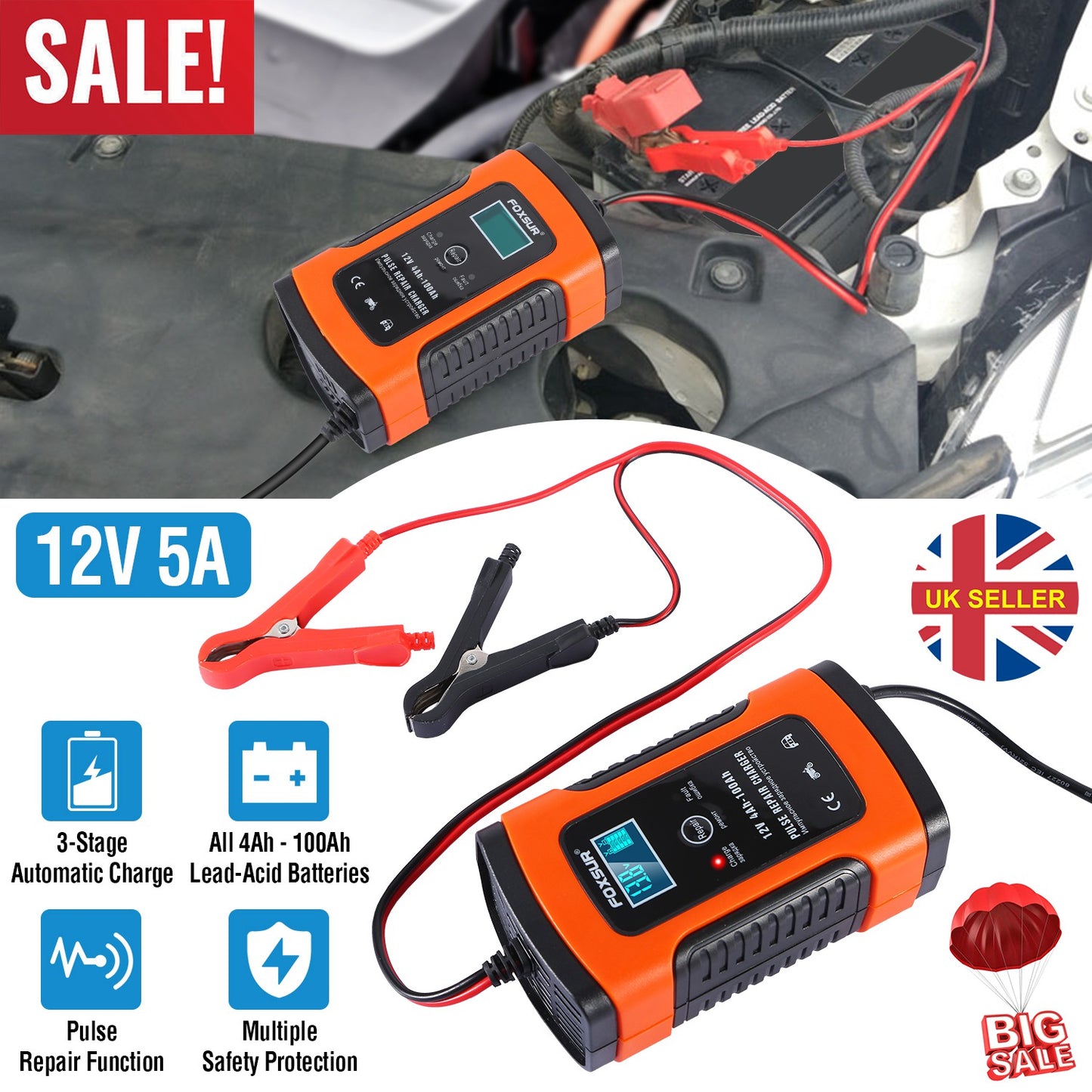 12V 5A Battery Charger with LCD Display and Pulse Repair