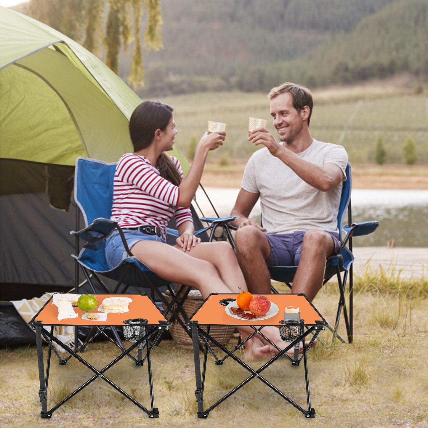 Foldable Camping Table with Cup Holders & Carry Bag (2-Pack)